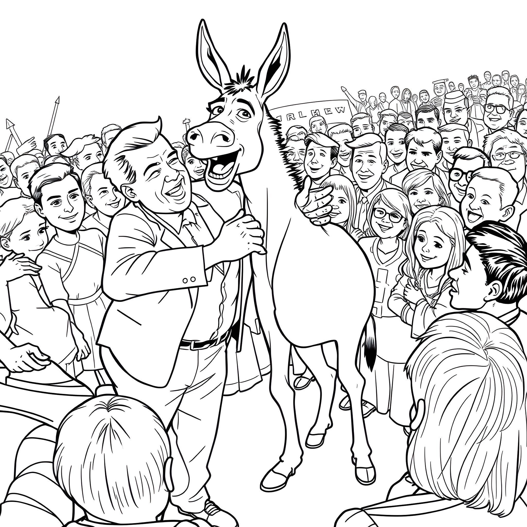 Trump Campaigns with Donkey Mascot in Front of Supporters Coloring Page (free black-and-white line drawing printable PDF for all, from beginners to advanced learners, including children, teens, adults, and seniors)
