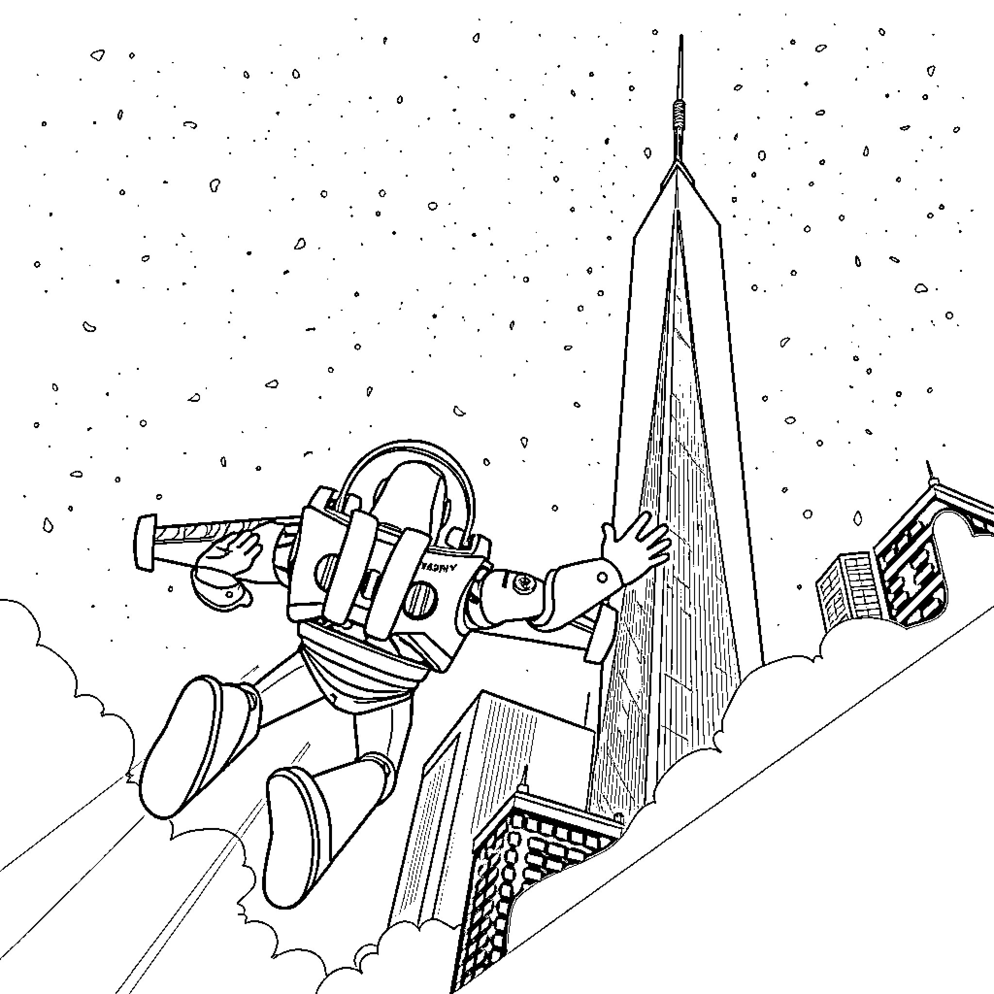Buzz Lightyear on a space adventure in the city Coloring Page (free black-and-white line drawing printable PDF for all, from beginners to advanced learners, including children, teens, adults, and seniors)