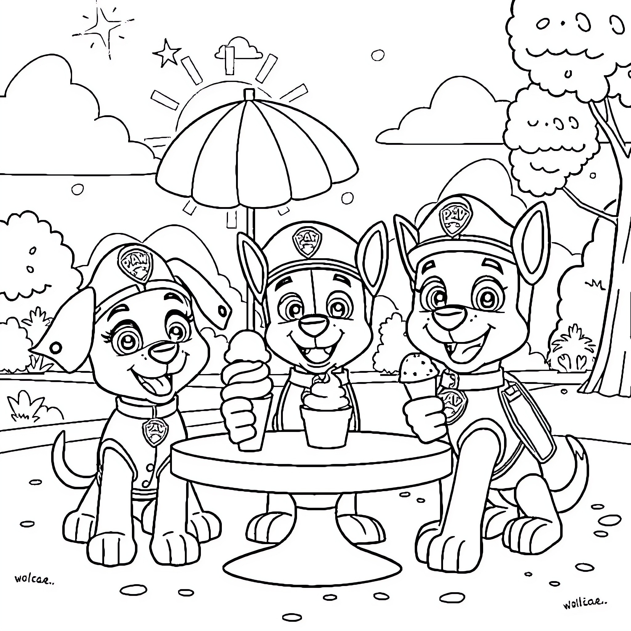 Paw Patrol characters having fun outdoor adventure Coloring Page (free black-and-white line drawing printable PDF for all, from beginners to advanced learners, including children, teens, adults, and seniors)