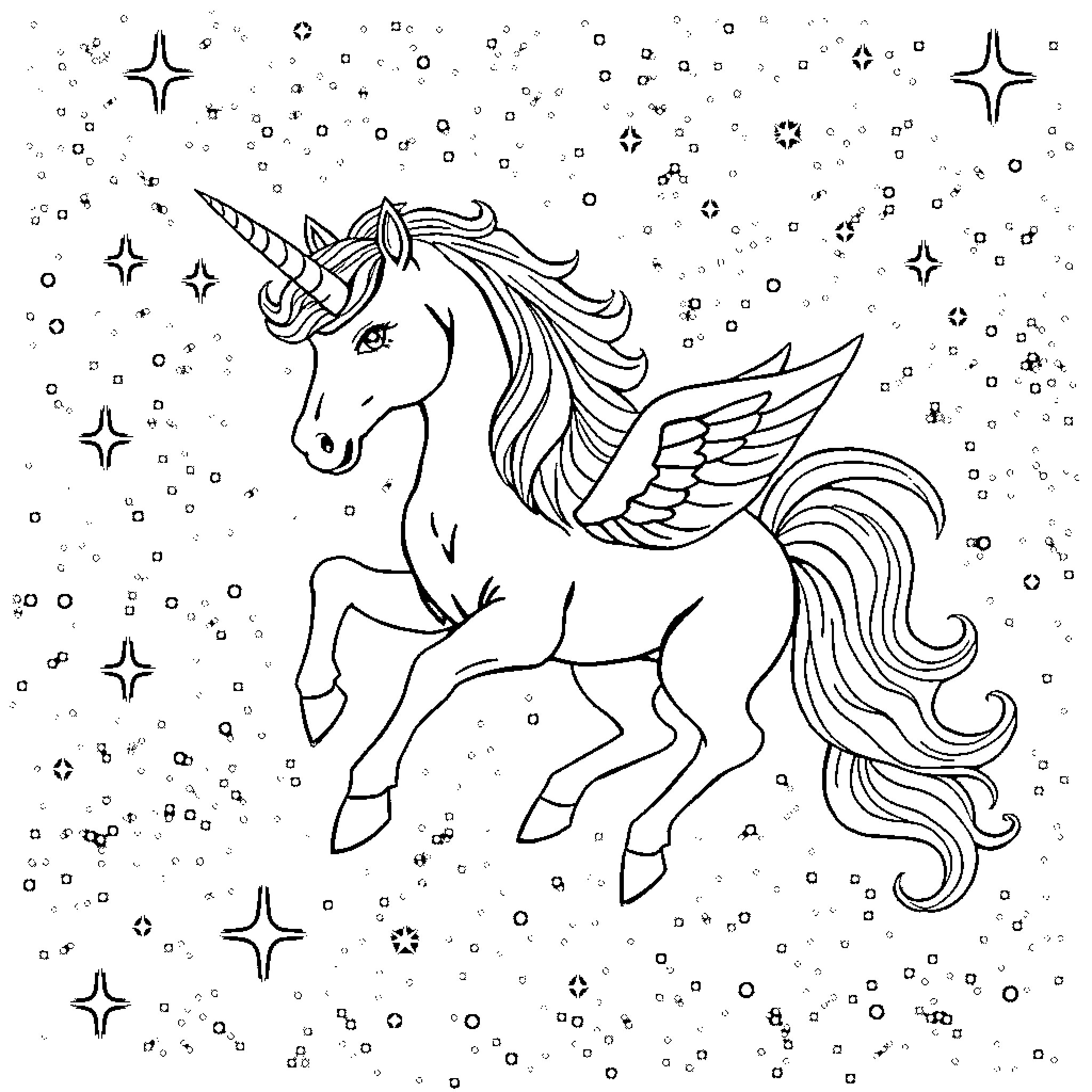 Unicorn soaring through a starry night sky Coloring Page (free black-and-white line drawing printable PDF for all, from beginners to advanced learners, including children, teens, adults, and seniors)