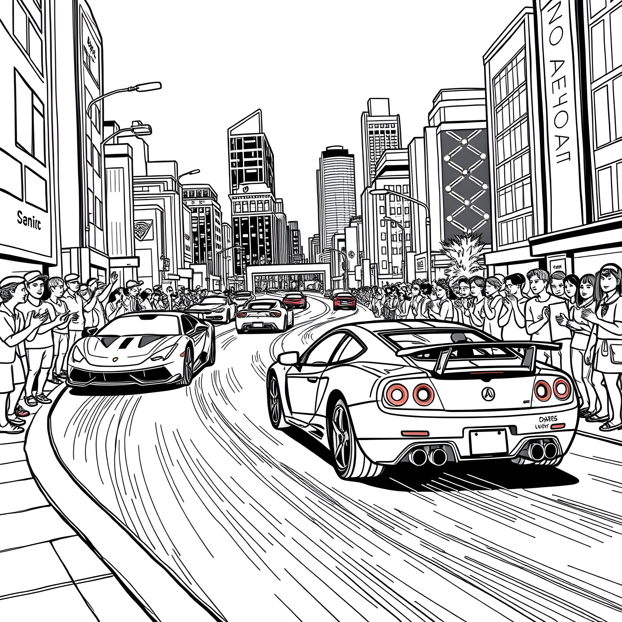 Cars speeding through a busy city street Coloring Page (free black-and-white line drawing printable PDF for all, from beginners to advanced learners, including children, teens, adults, and seniors)