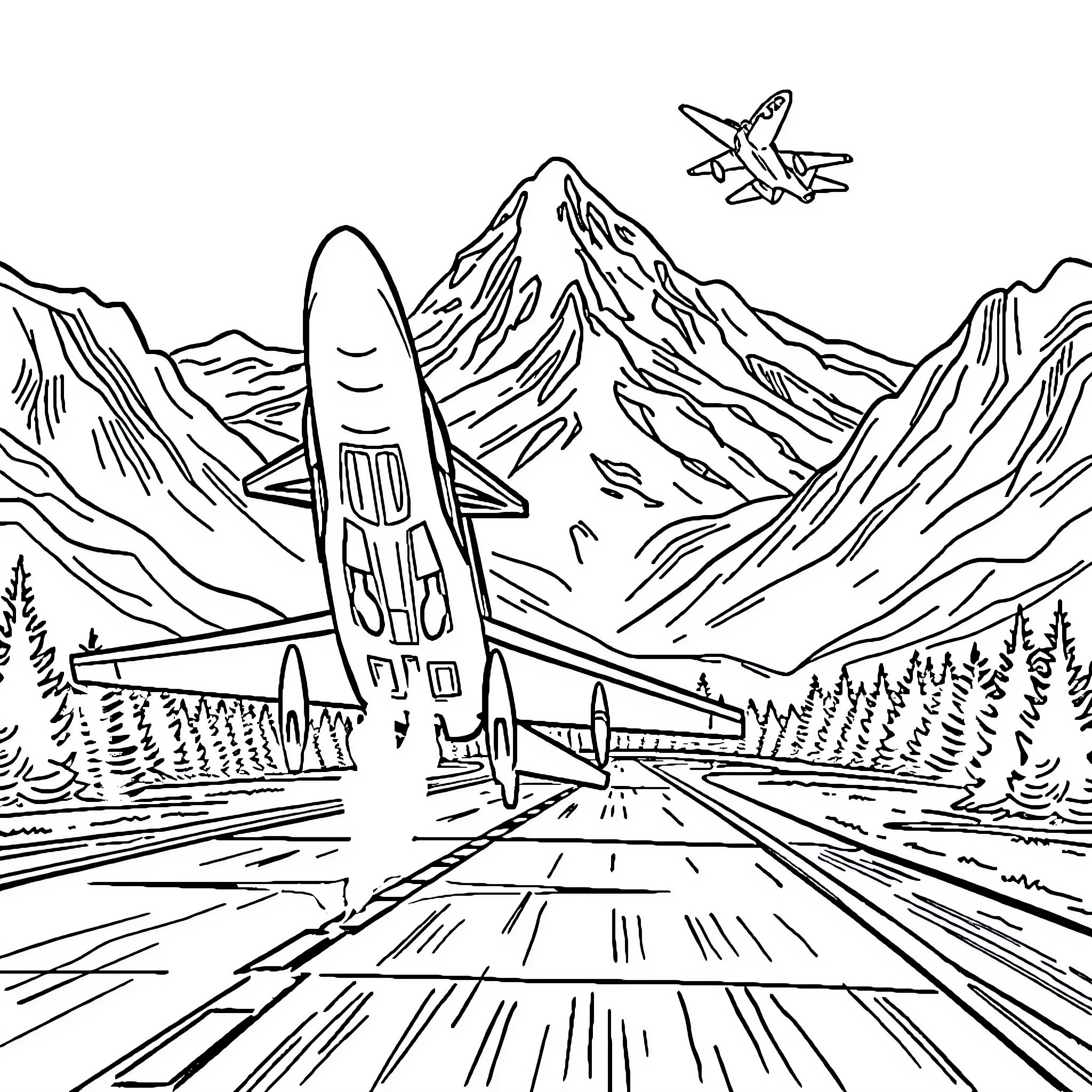 Fighter Jet soaring over rugged mountain terrain Coloring Page (free black-and-white line drawing printable PDF for all, from beginners to advanced learners, including children, teens, adults, and seniors)