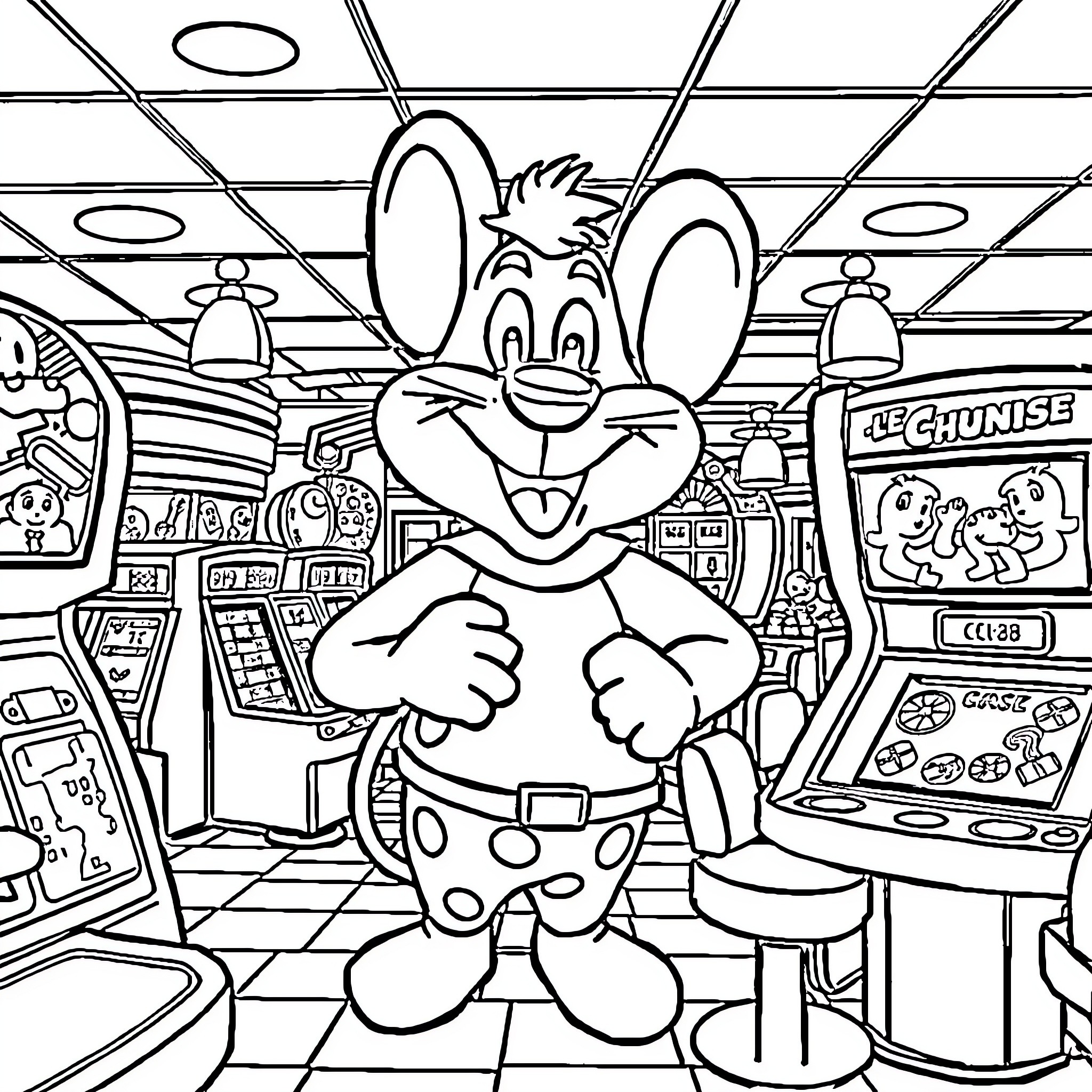 Chuck E. Cheese posing happily in arcade game center Coloring Page (free black-and-white line drawing printable PDF for all, from beginners to advanced learners, including children, teens, adults, and seniors)