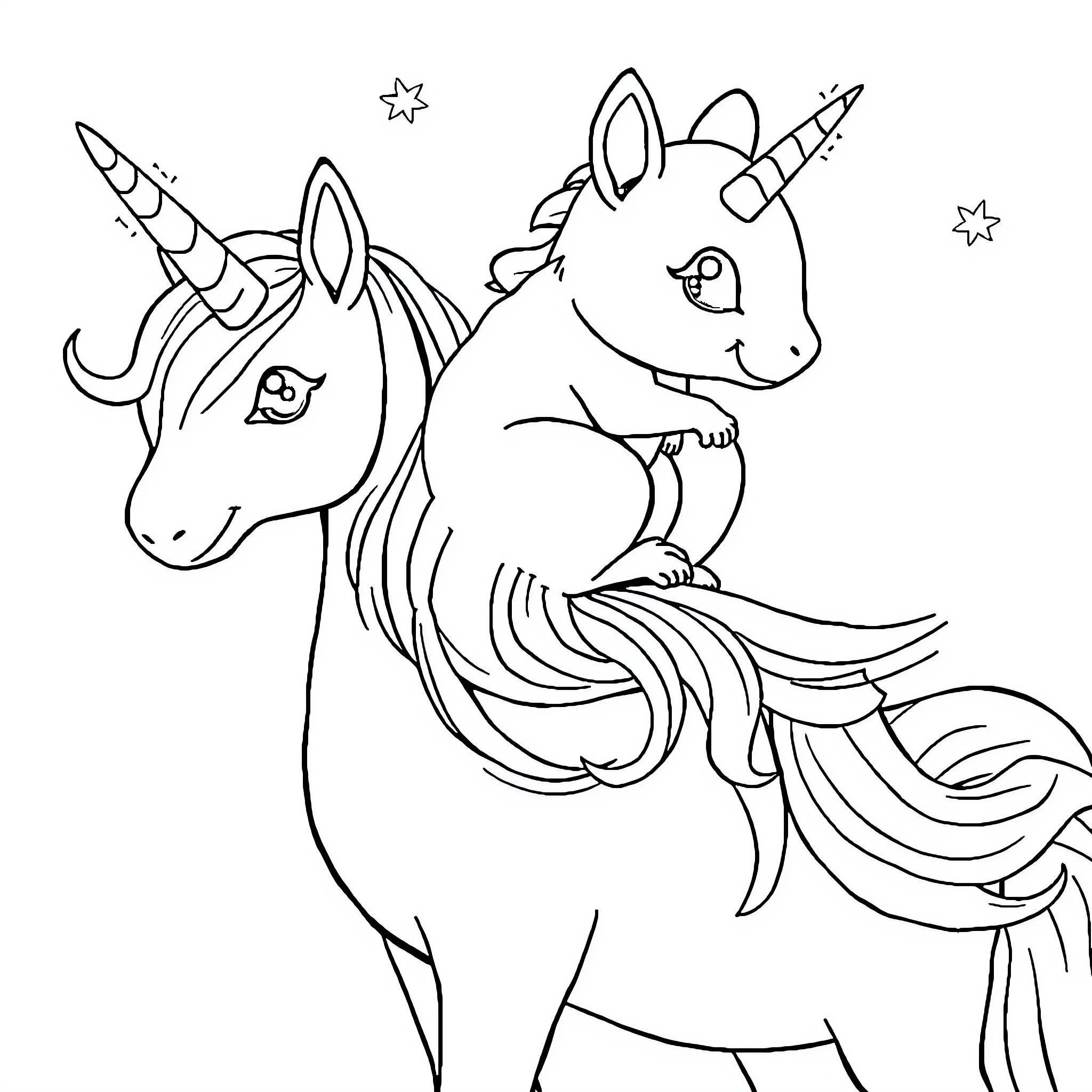 Squirrel unicorn gazing at stars Coloring Page (free black-and-white line drawing printable PDF for all, from beginners to advanced learners, including children, teens, adults, and seniors)