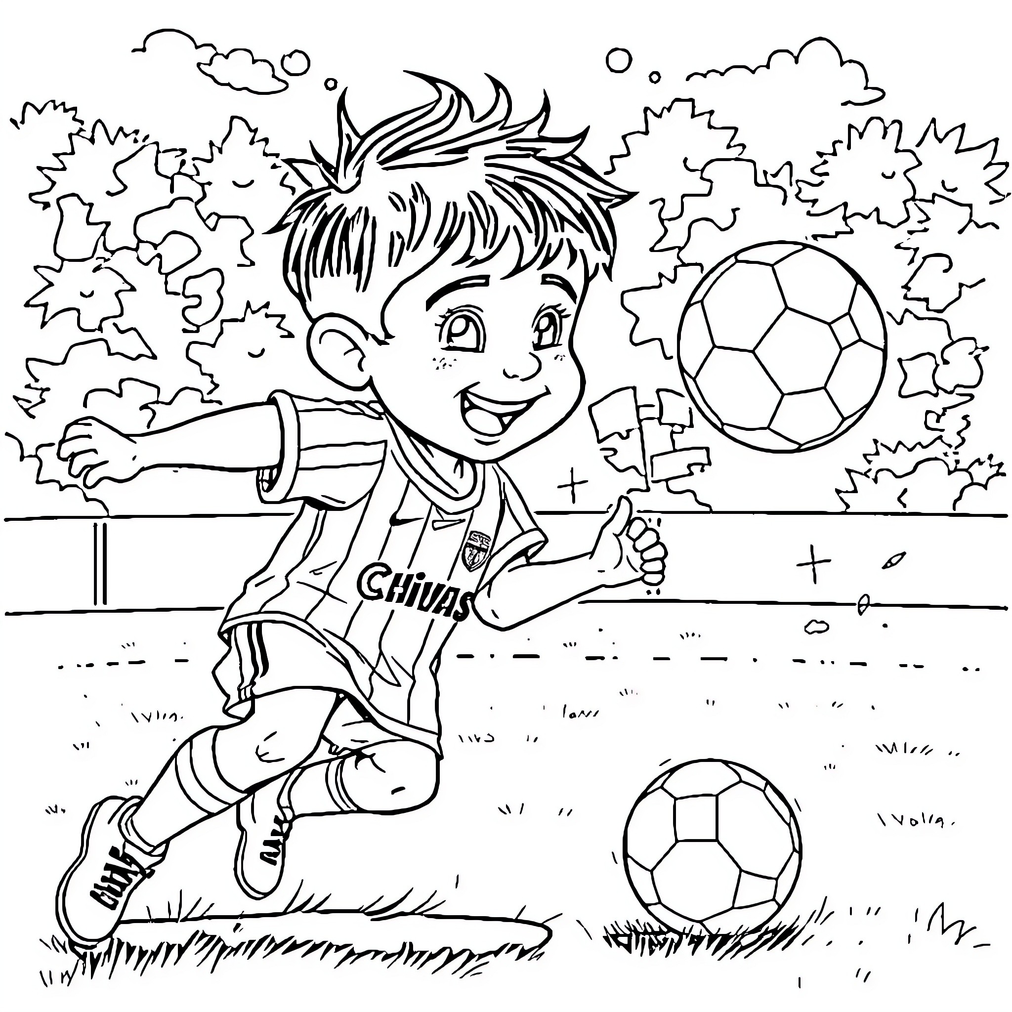 Niño jugando alegremente con balones de fútbol Coloring Page (free black-and-white line drawing printable PDF for all, from beginners to advanced learners, including children, teens, adults, and seniors)