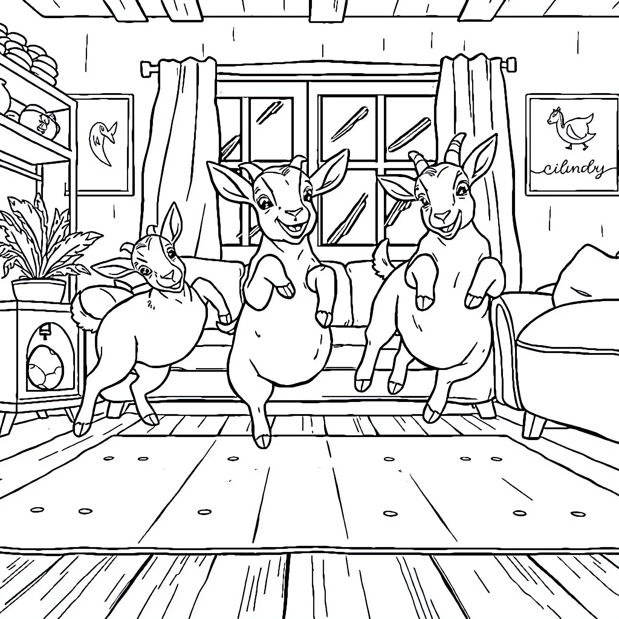 Goats relaxing and playing in a cozy room Coloring Page (free black-and-white line drawing printable PDF for all, from beginners to advanced learners, including children, teens, adults, and seniors)