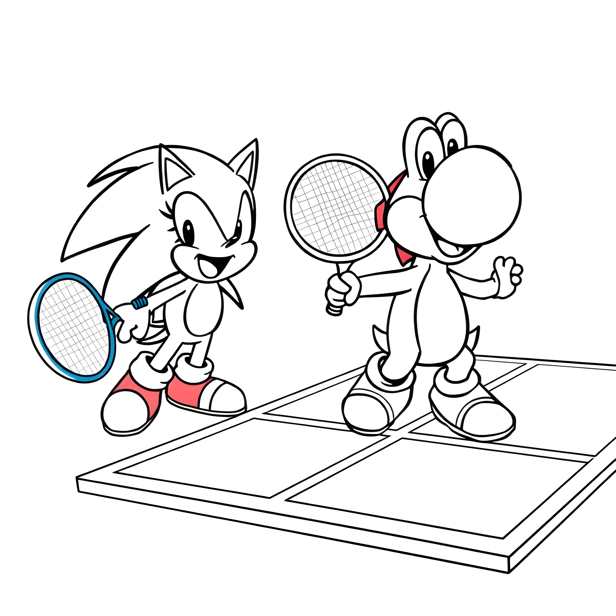 Yoshi and Yoshi playing tennis on the court Coloring Page (free black-and-white line drawing printable PDF for all, from beginners to advanced learners, including children, teens, adults, and seniors)