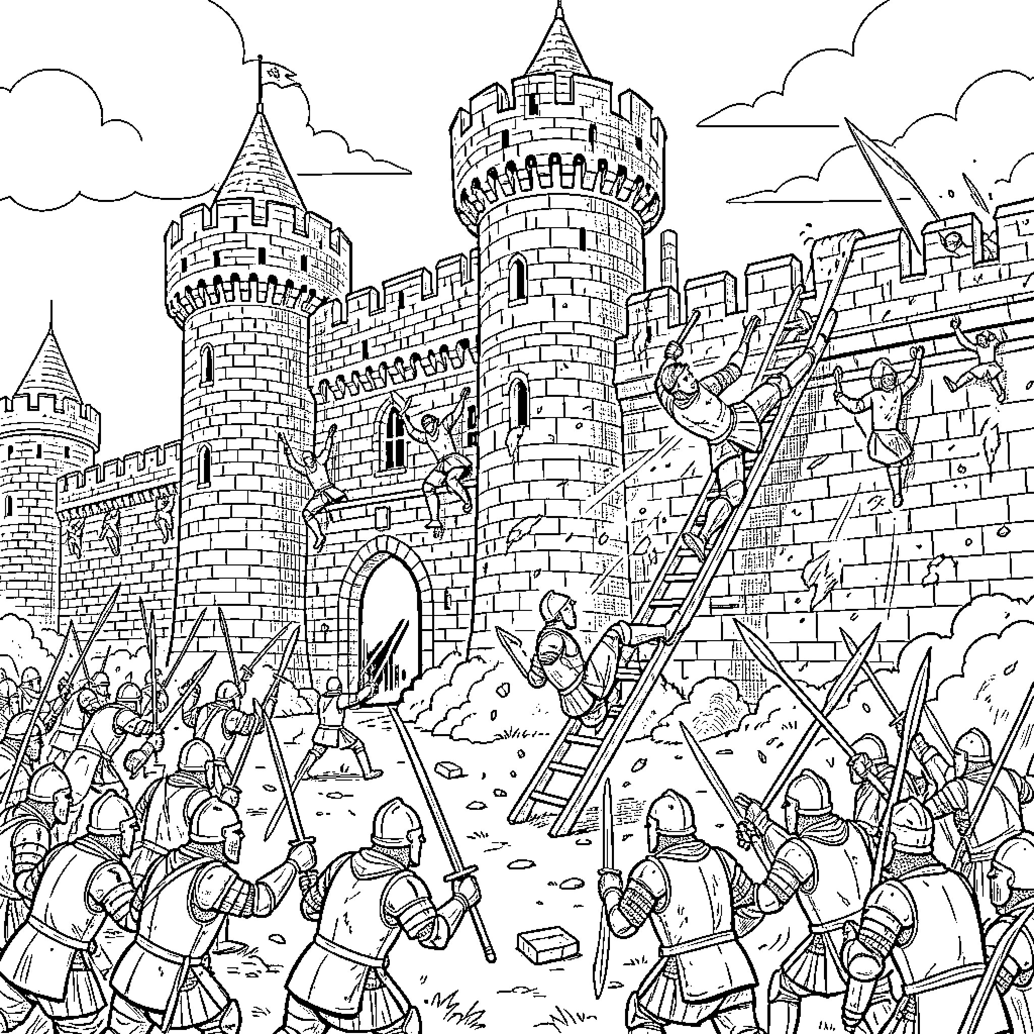 Castle under siege by soldiers with ladders and weapons Coloring Page (free black-and-white line drawing printable PDF for all, from beginners to advanced learners, including children, teens, adults, and seniors)