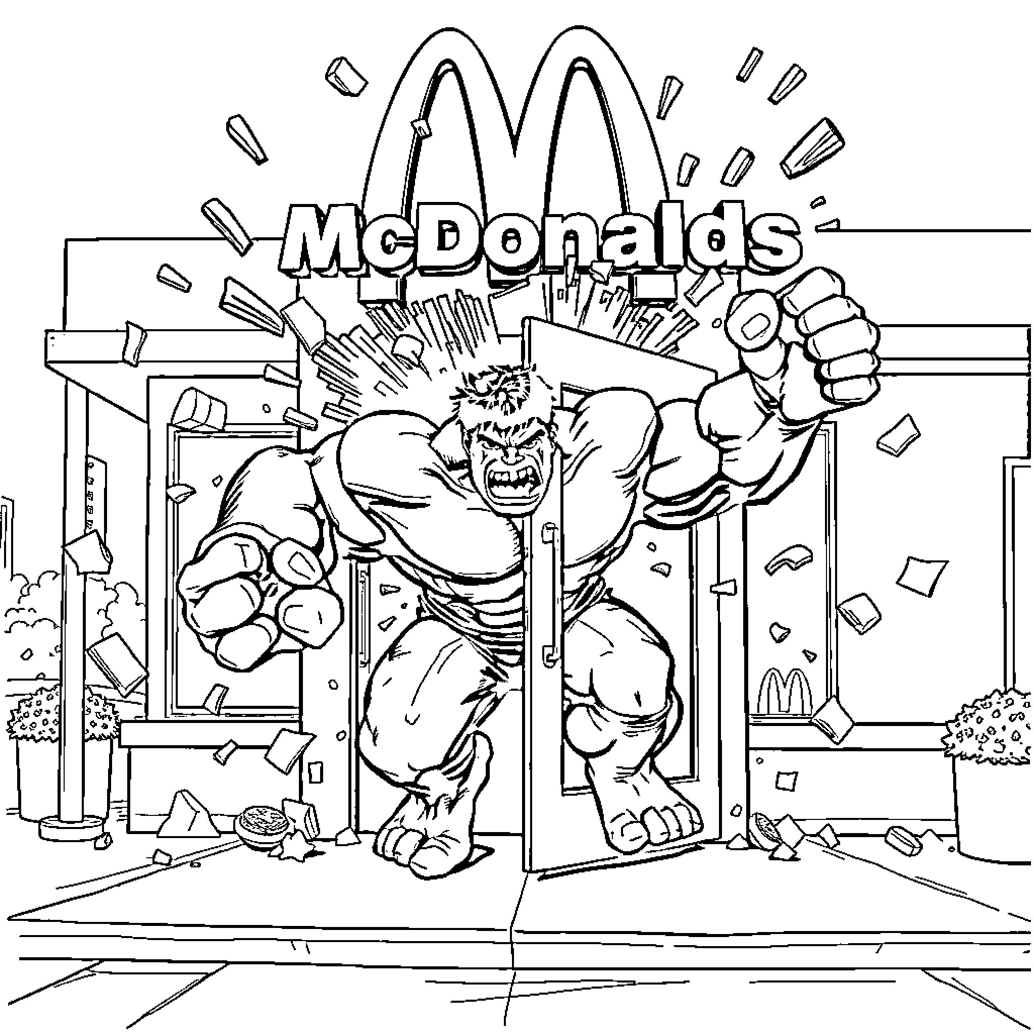 Hulk Demolishing McDonald's Restaurant Coloring Page (free black-and-white line drawing printable PDF for all, from beginners to advanced learners, including children, teens, adults, and seniors)