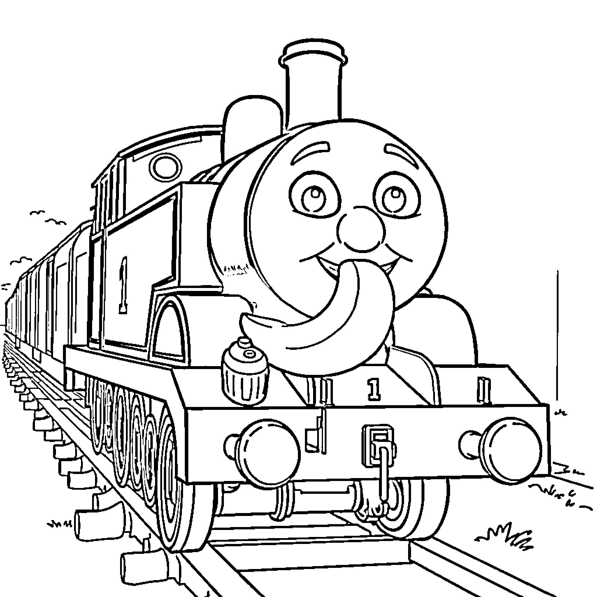 Thomas the Tank Engine on a Joyful Train Ride Coloring Page (free black-and-white line drawing printable PDF for all, from beginners to advanced learners, including children, teens, adults, and seniors)