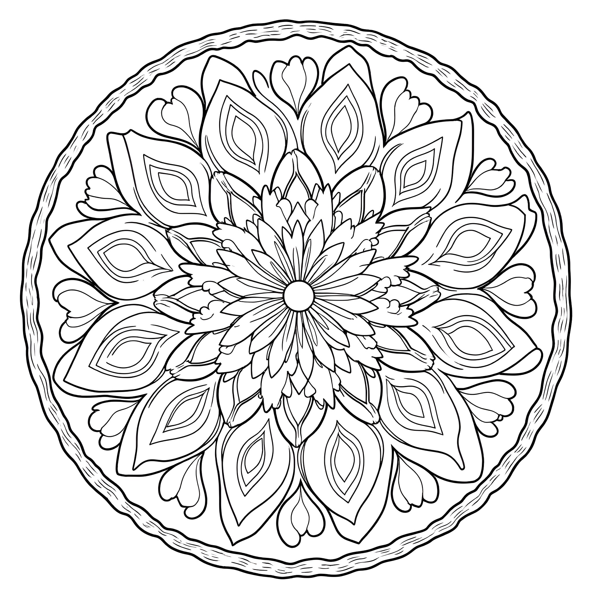 Mandala with intricate floral patterns Coloring Page (free black-and-white line drawing printable PDF for all, from beginners to advanced learners, including children, teens, adults, and seniors)