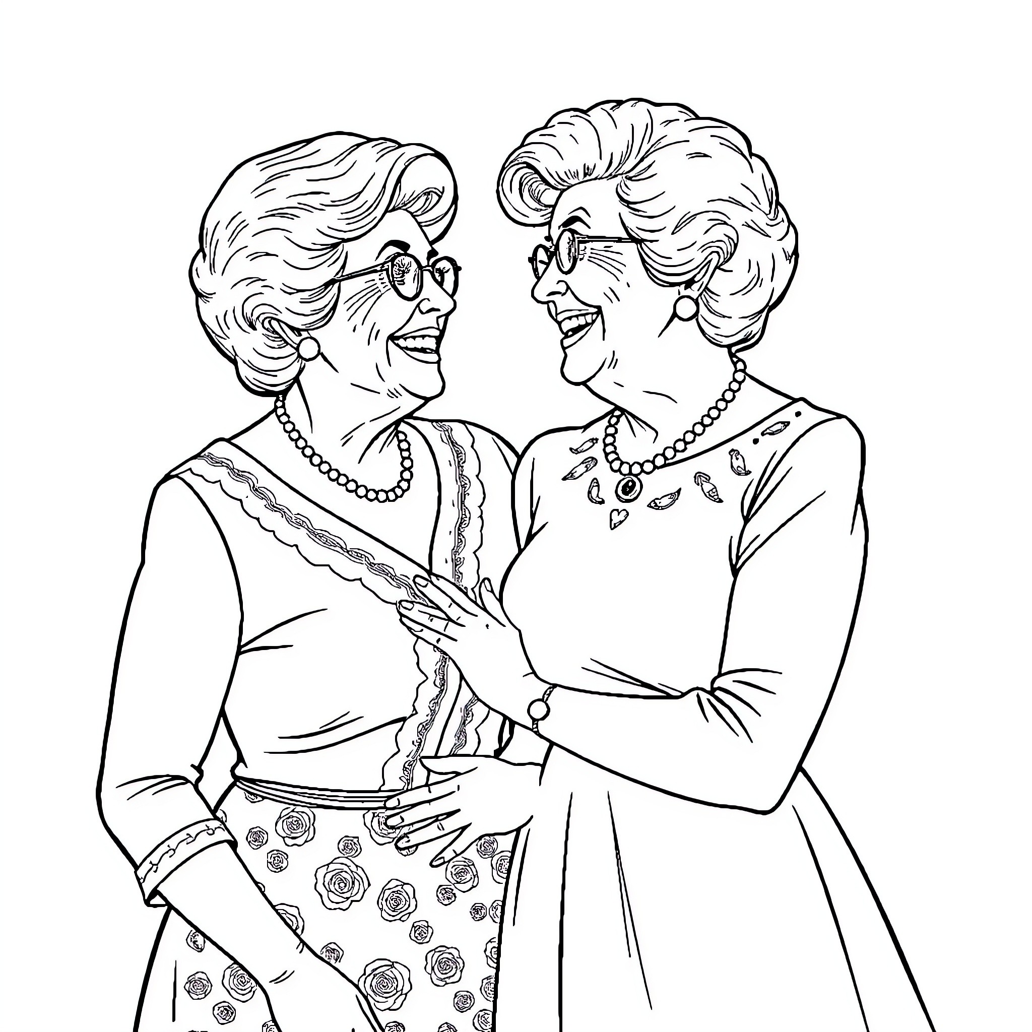 Golden Girls Warmly Embrace and Converse Coloring Page (free black-and-white line drawing printable PDF for all, from beginners to advanced learners, including children, teens, adults, and seniors)