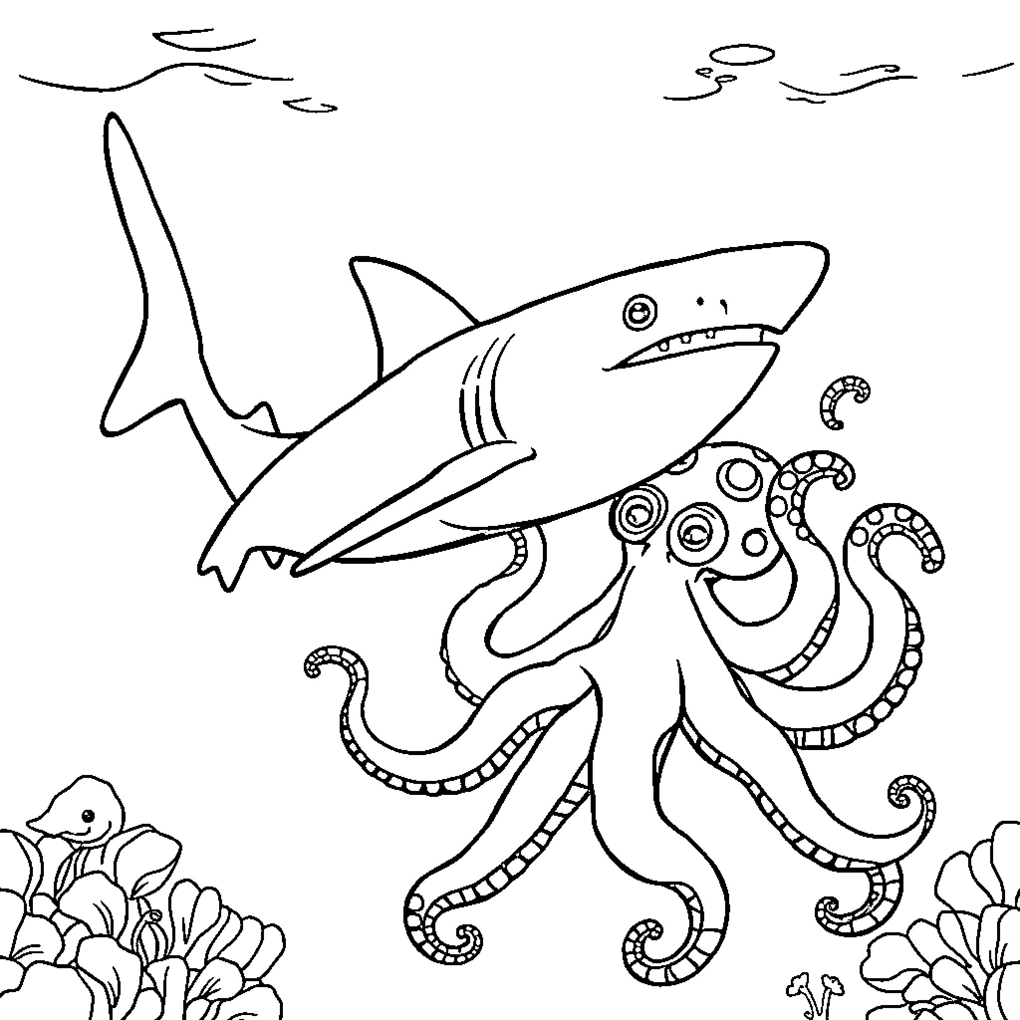 Shark and Octopus Swimming in the Ocean Coloring Page (free black-and-white line drawing printable PDF for all, from beginners to advanced learners, including children, teens, adults, and seniors)