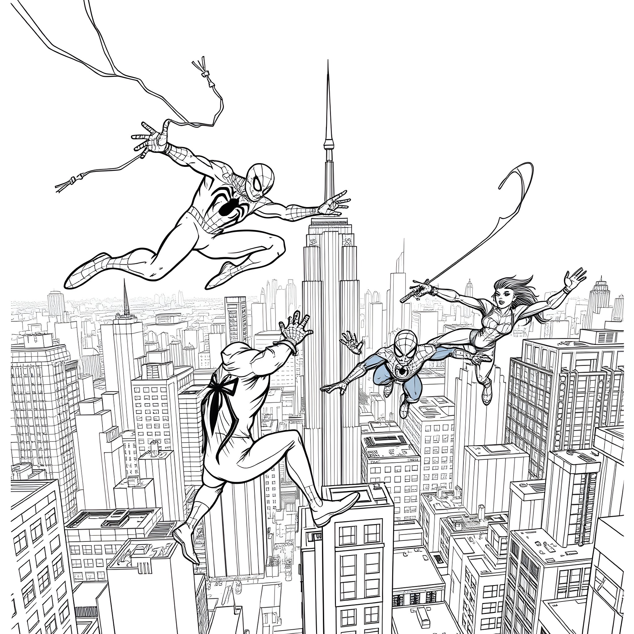 Spiderman heroically swinging through the city skyline Coloring Page (free black-and-white line drawing printable PDF for all, from beginners to advanced learners, including children, teens, adults, and seniors)