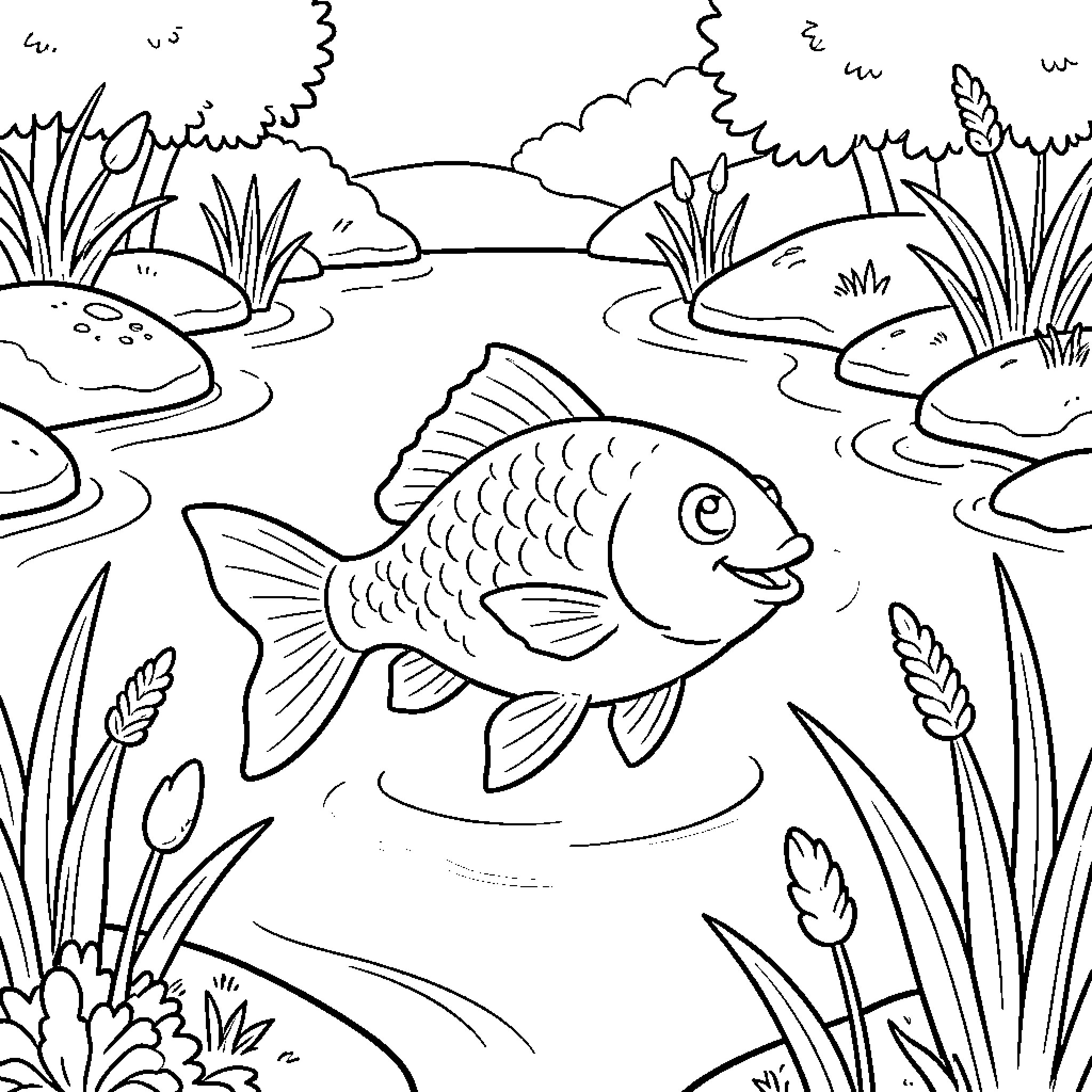 Ano fish swimming in a serene pond Coloring Page (free black-and-white line drawing printable PDF for all, from beginners to advanced learners, including children, teens, adults, and seniors)