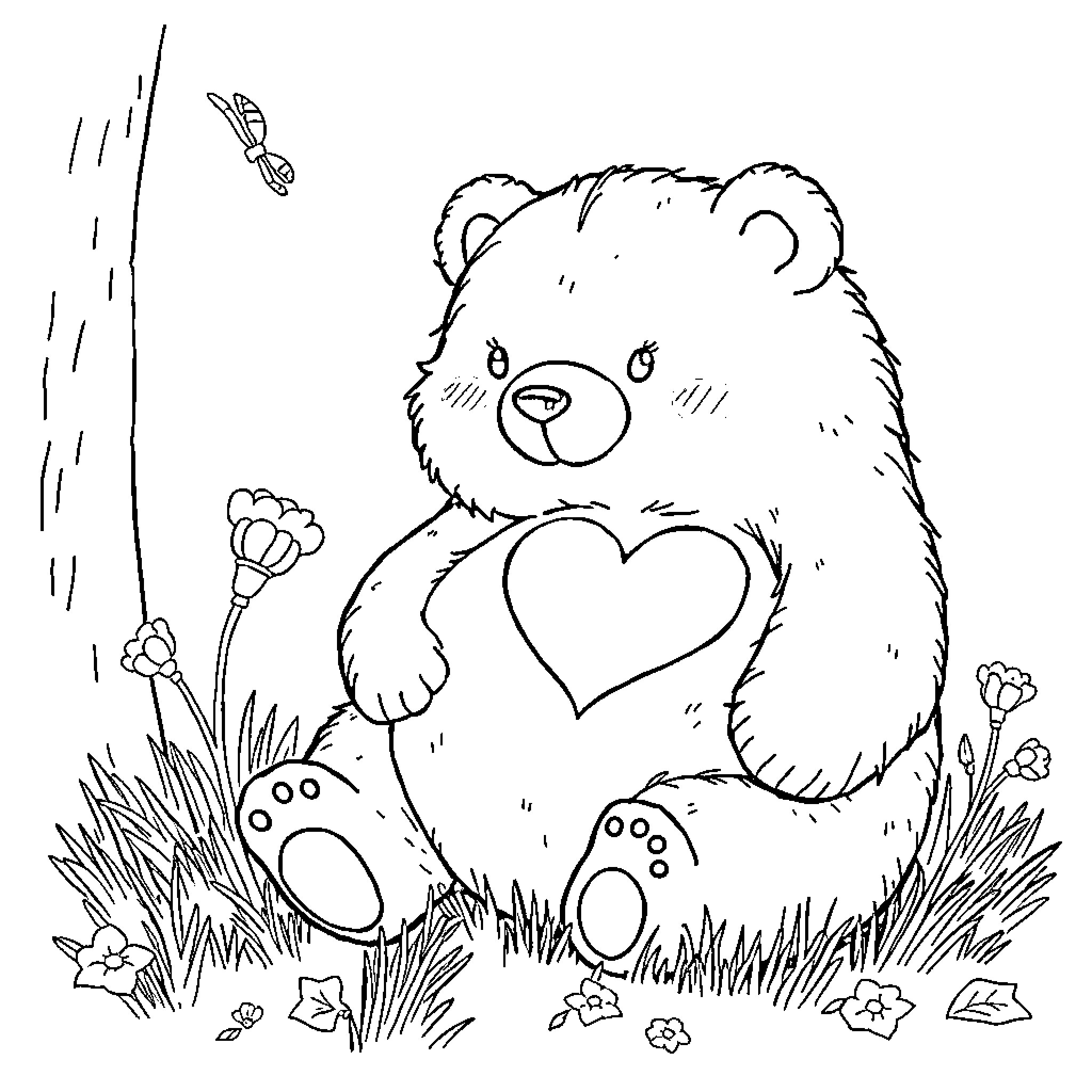 Bear enjoying nature with heart-shaped paws Coloring Page (free black-and-white line drawing printable PDF for all, from beginners to advanced learners, including children, teens, adults, and seniors)