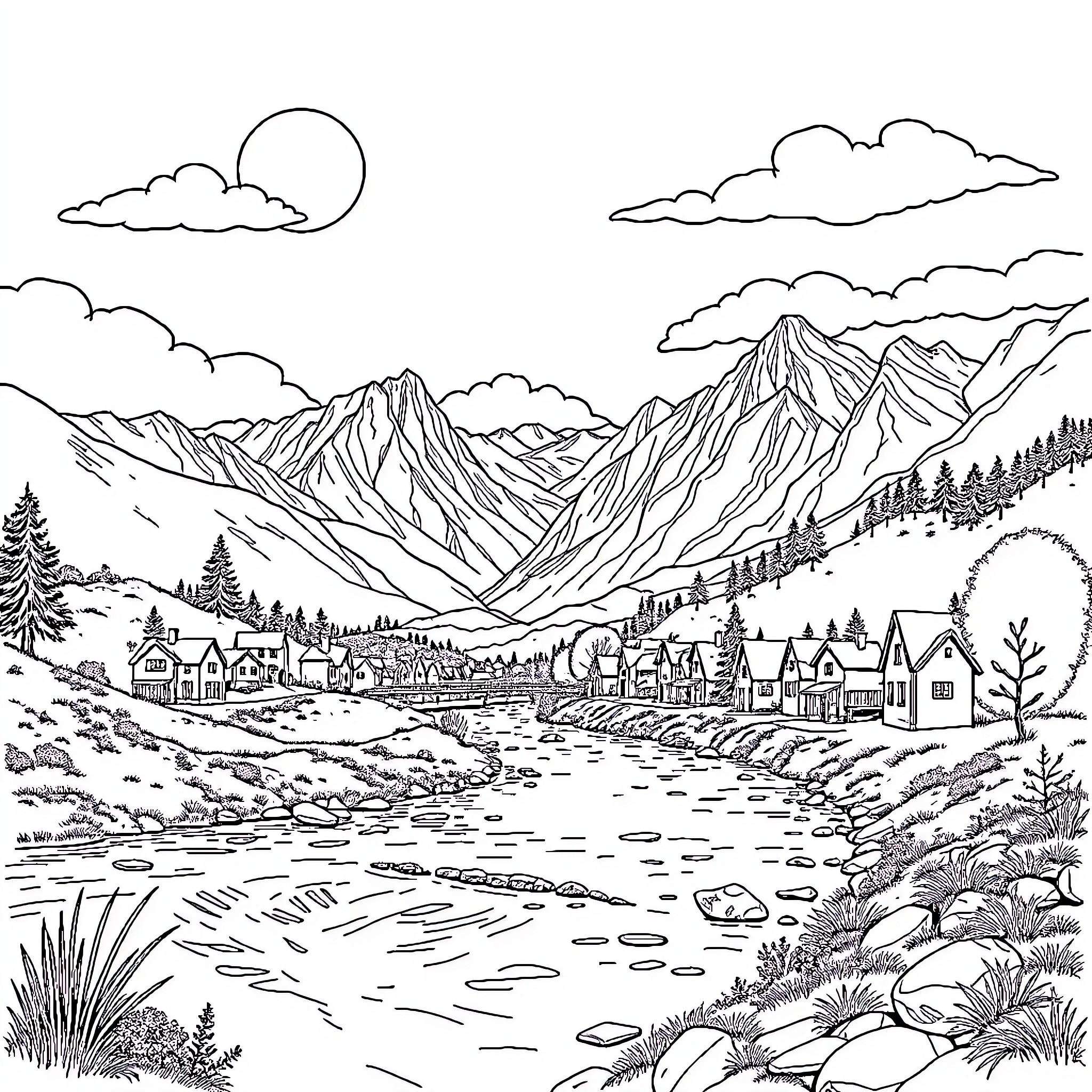 River Valley Scenic Landscape with Mountains Coloring Page (free black-and-white line drawing printable PDF for all, from beginners to advanced learners, including children, teens, adults, and seniors)
