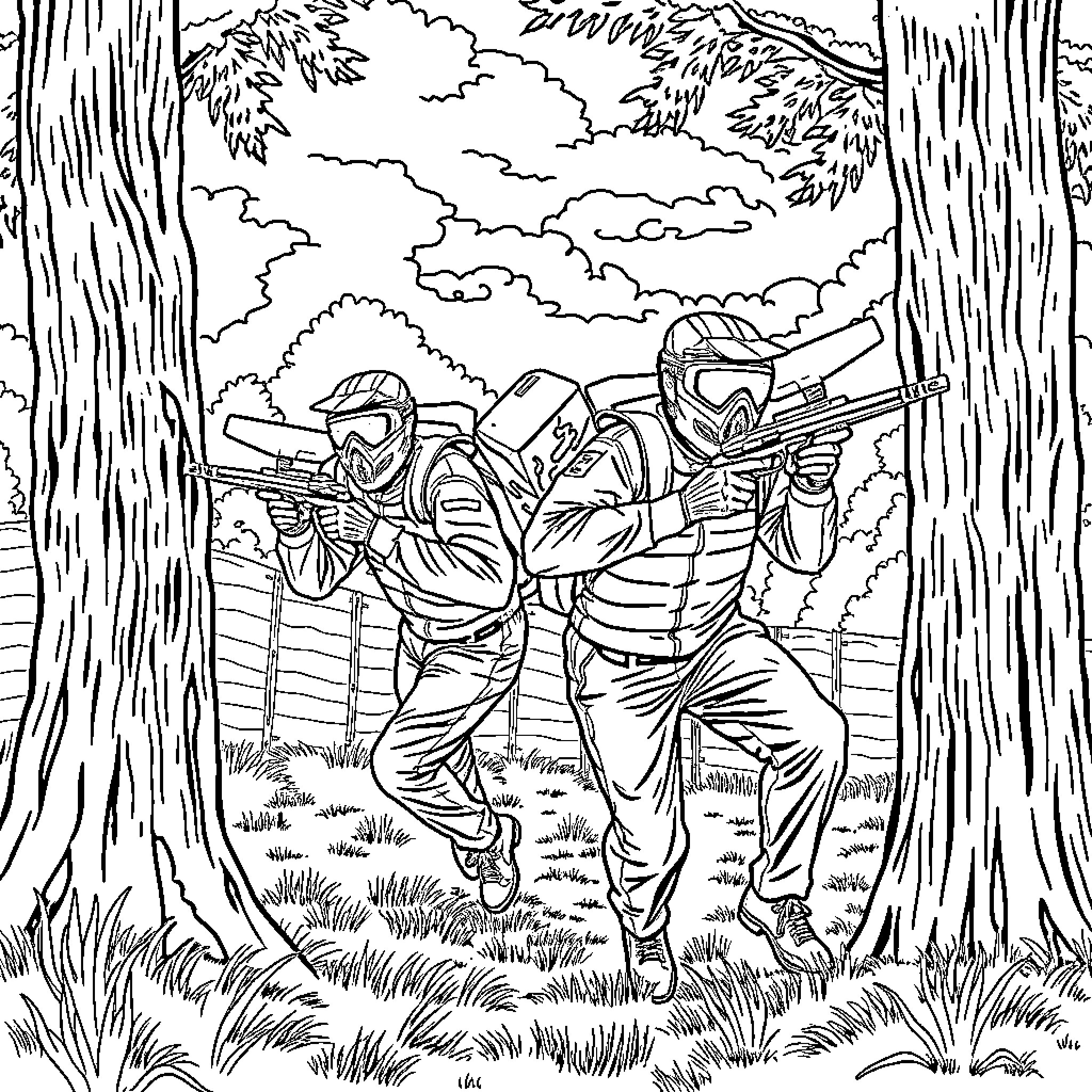 Man in combat gear running through the forest Coloring Page (free black-and-white line drawing printable PDF for all, from beginners to advanced learners, including children, teens, adults, and seniors)