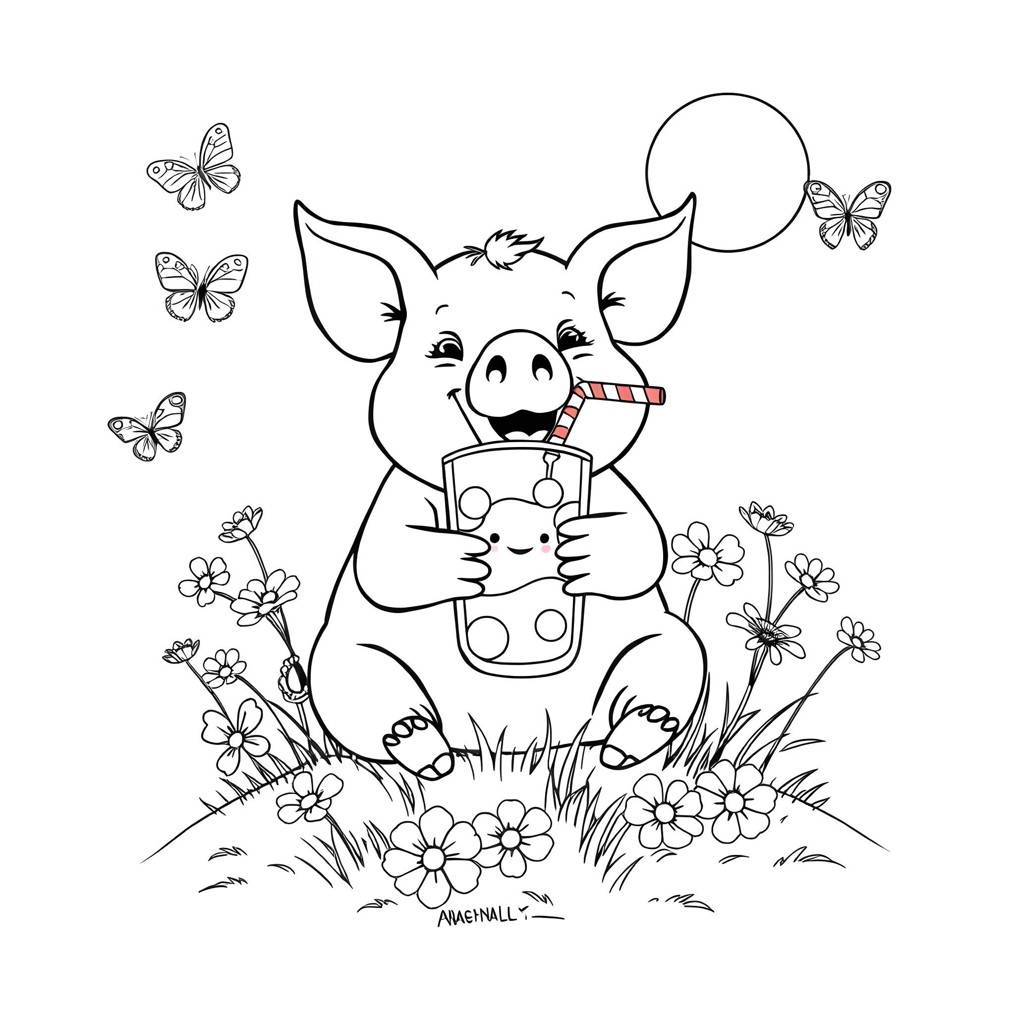 Pig enjoying a refreshing drink in a flowery meadow Coloring Page (free black-and-white line drawing printable PDF for all, from beginners to advanced learners, including children, teens, adults, and seniors)