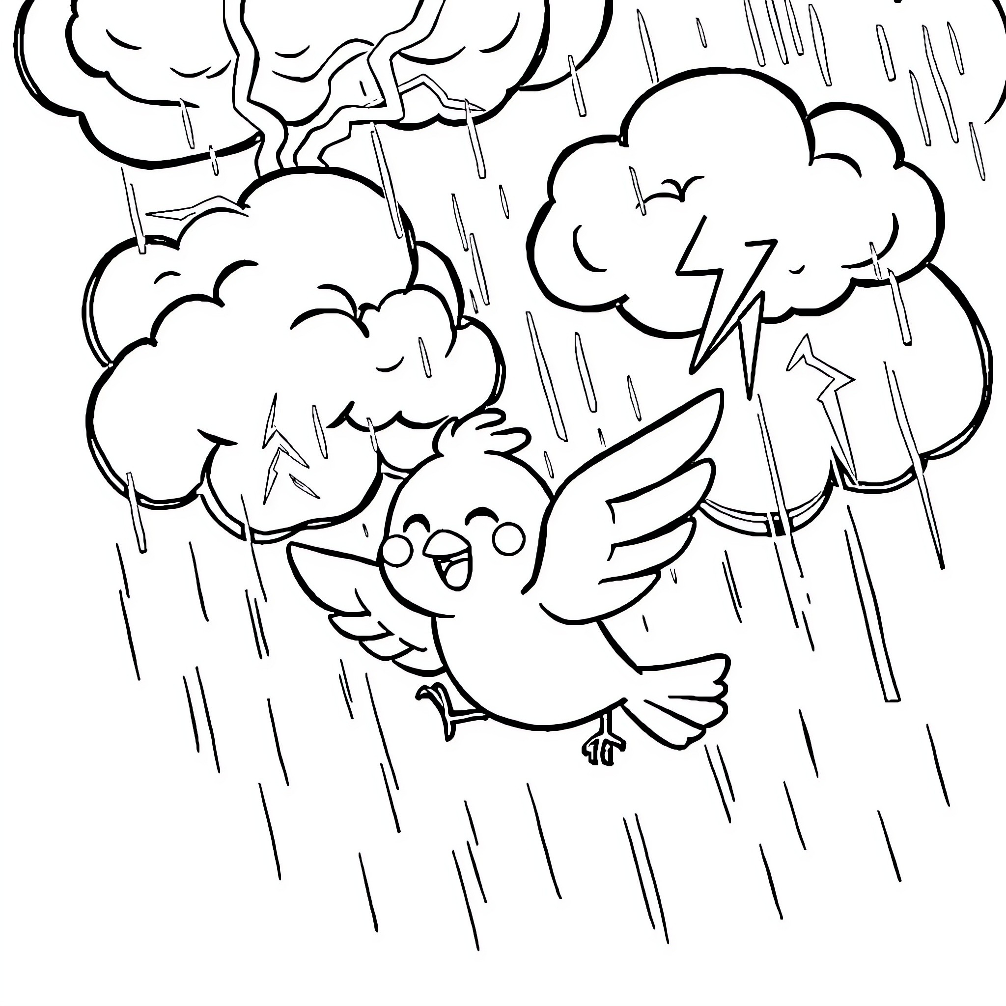 Bird flying through stormy clouds and rain Coloring Page (free black-and-white line drawing printable PDF for all, from beginners to advanced learners, including children, teens, adults, and seniors)