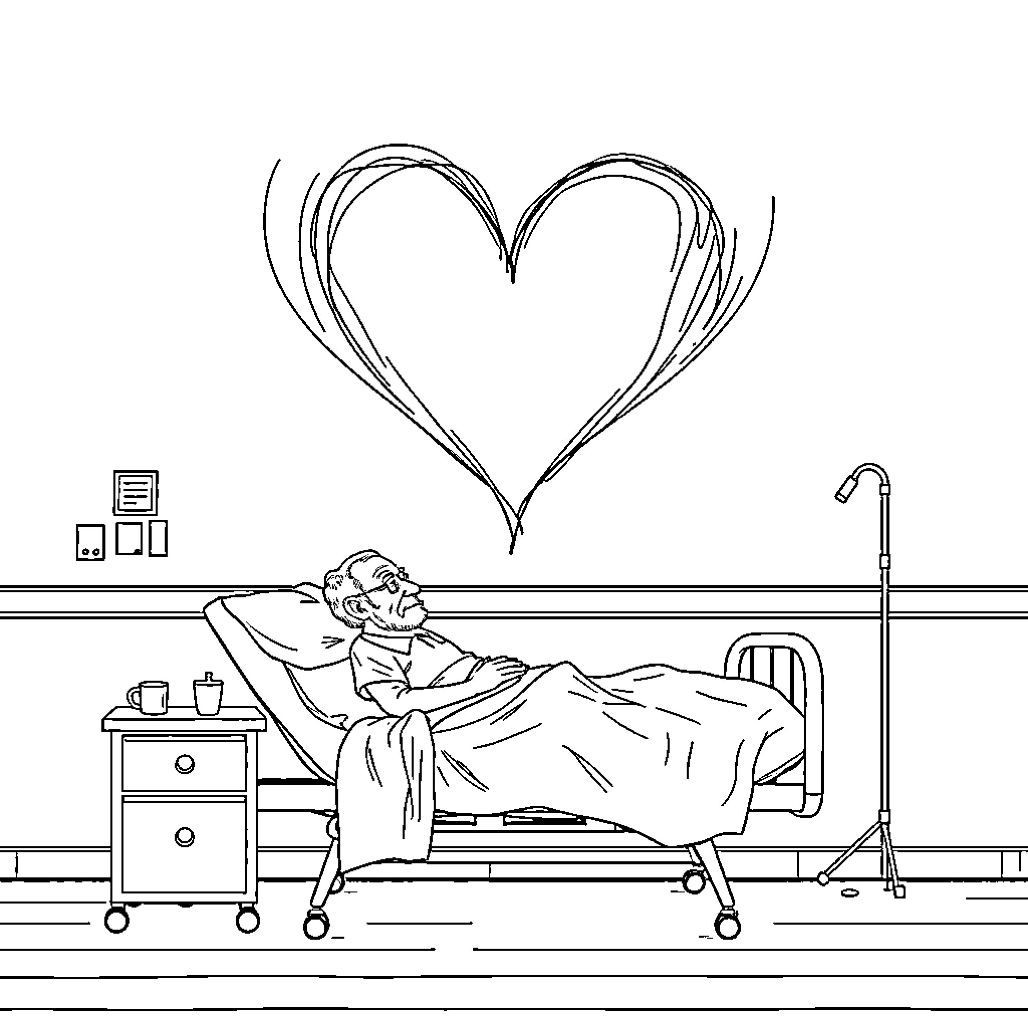 Heart Warming Hospital Scene Coloring Page (free black-and-white line drawing printable PDF for all, from beginners to advanced learners, including children, teens, adults, and seniors)