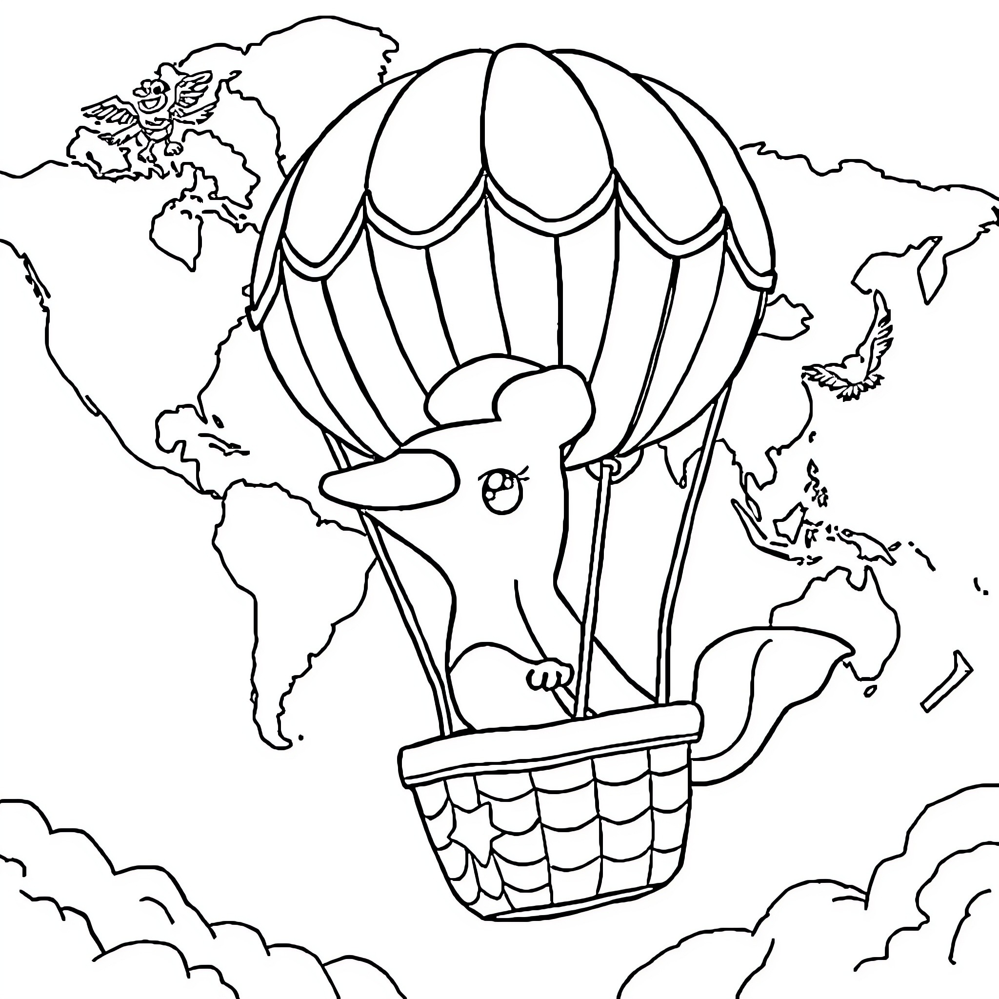 Platypus floating in a hot air balloon above the clouds Coloring Page (free black-and-white line drawing printable PDF for all, from beginners to advanced learners, including children, teens, adults, and seniors)