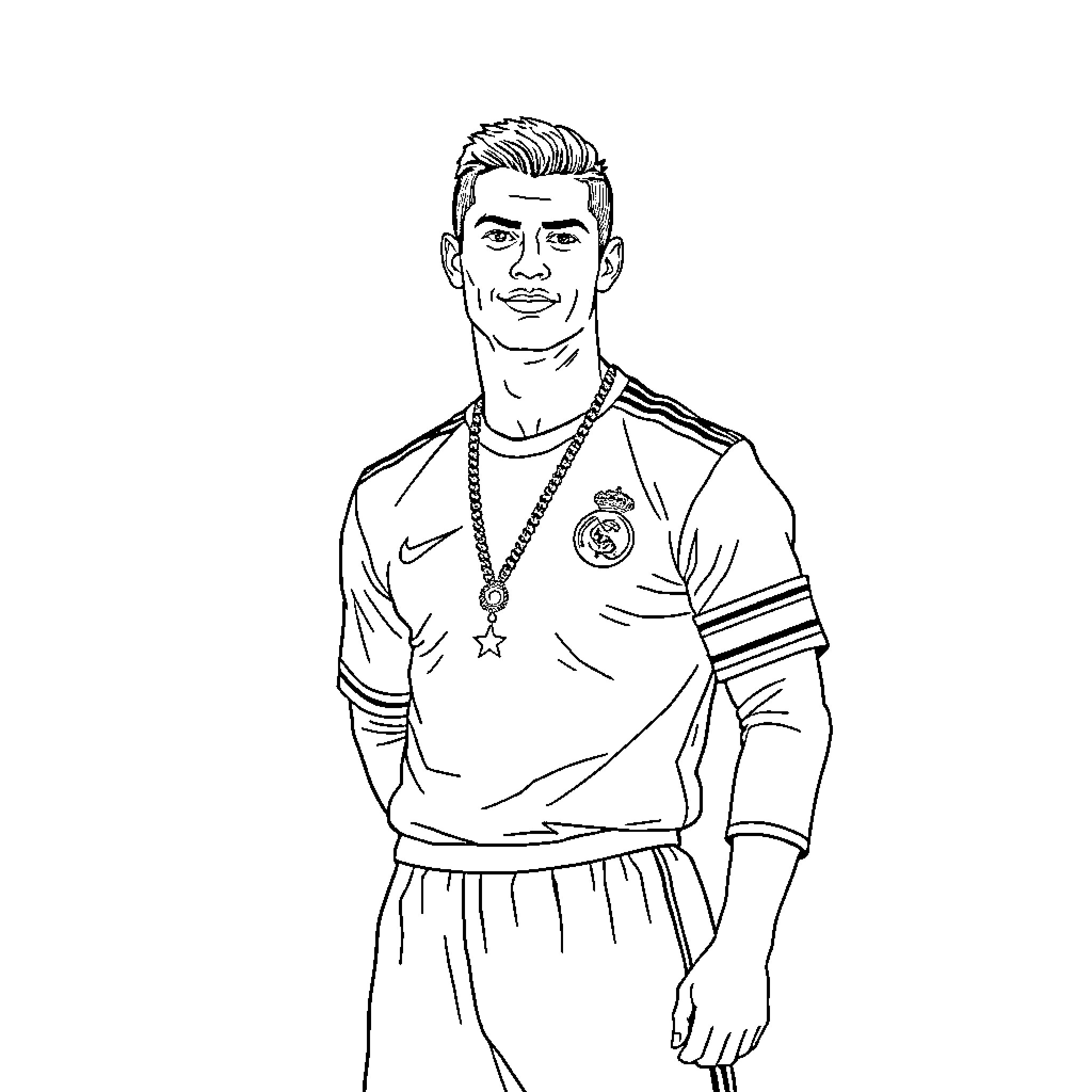 Ronaldo posing in soccer uniform with confident expression Coloring Page (free black-and-white line drawing printable PDF for all, from beginners to advanced learners, including children, teens, adults, and seniors)