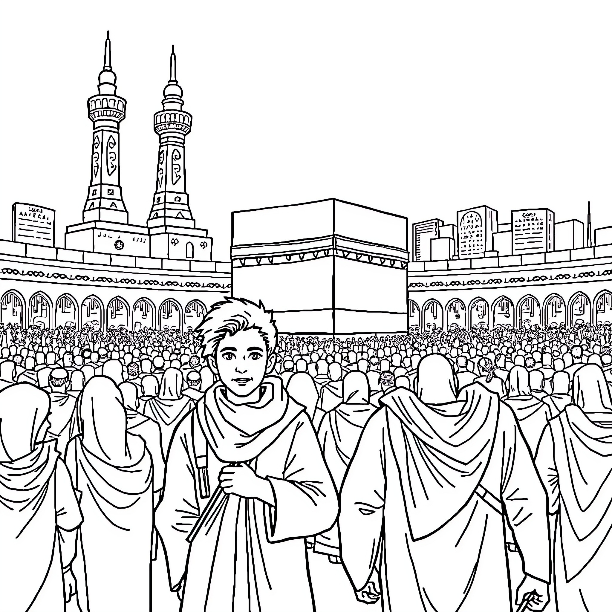 Chase through the holy city crowds Coloring Page (free black-and-white line drawing printable PDF for all, from beginners to advanced learners, including children, teens, adults, and seniors)