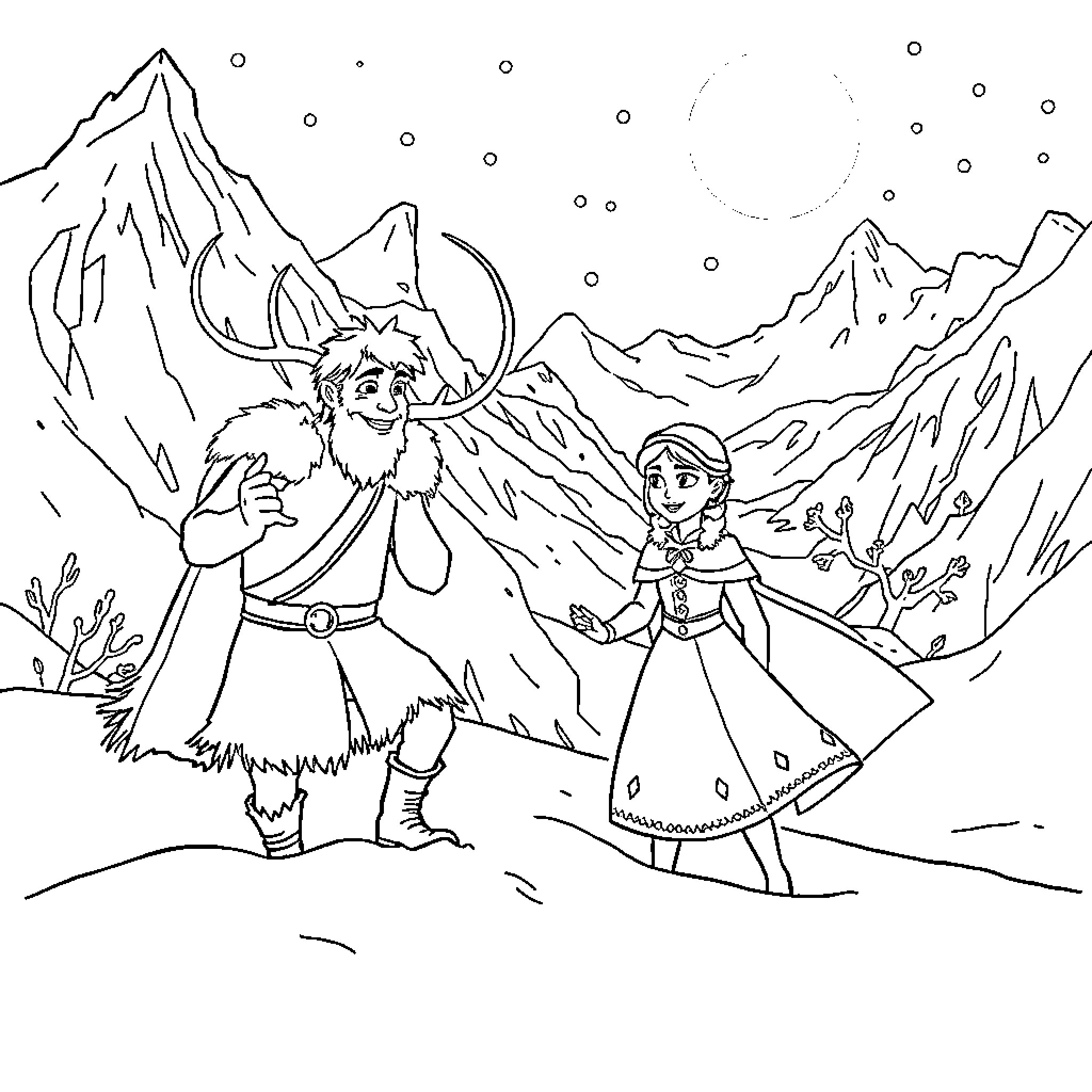 Kristoff and Anna exploring the snowy mountains Coloring Page (free black-and-white line drawing printable PDF for all, from beginners to advanced learners, including children, teens, adults, and seniors)