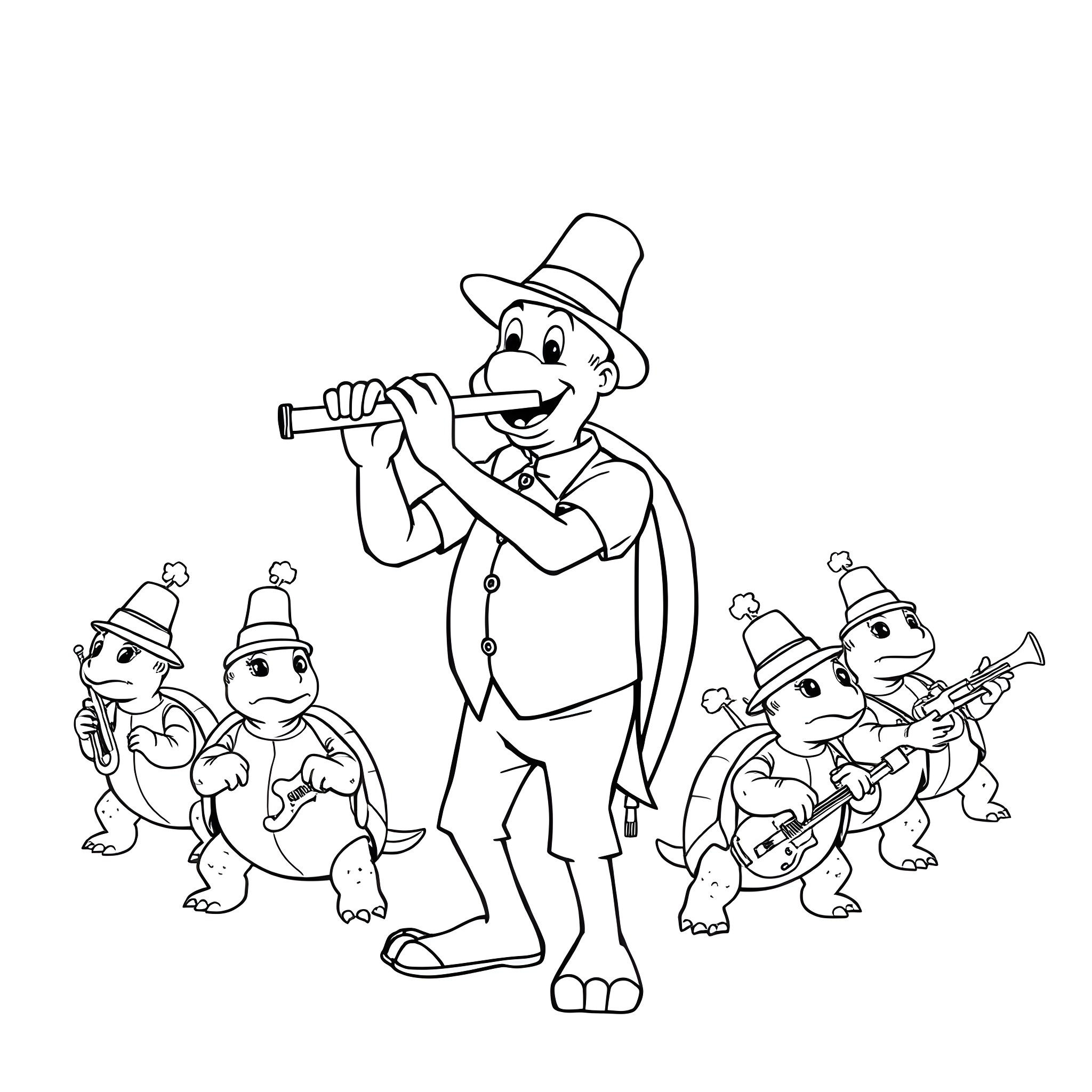 Gilligan and his musical turtle companions Coloring Page (free black-and-white line drawing printable PDF for all, from beginners to advanced learners, including children, teens, adults, and seniors)