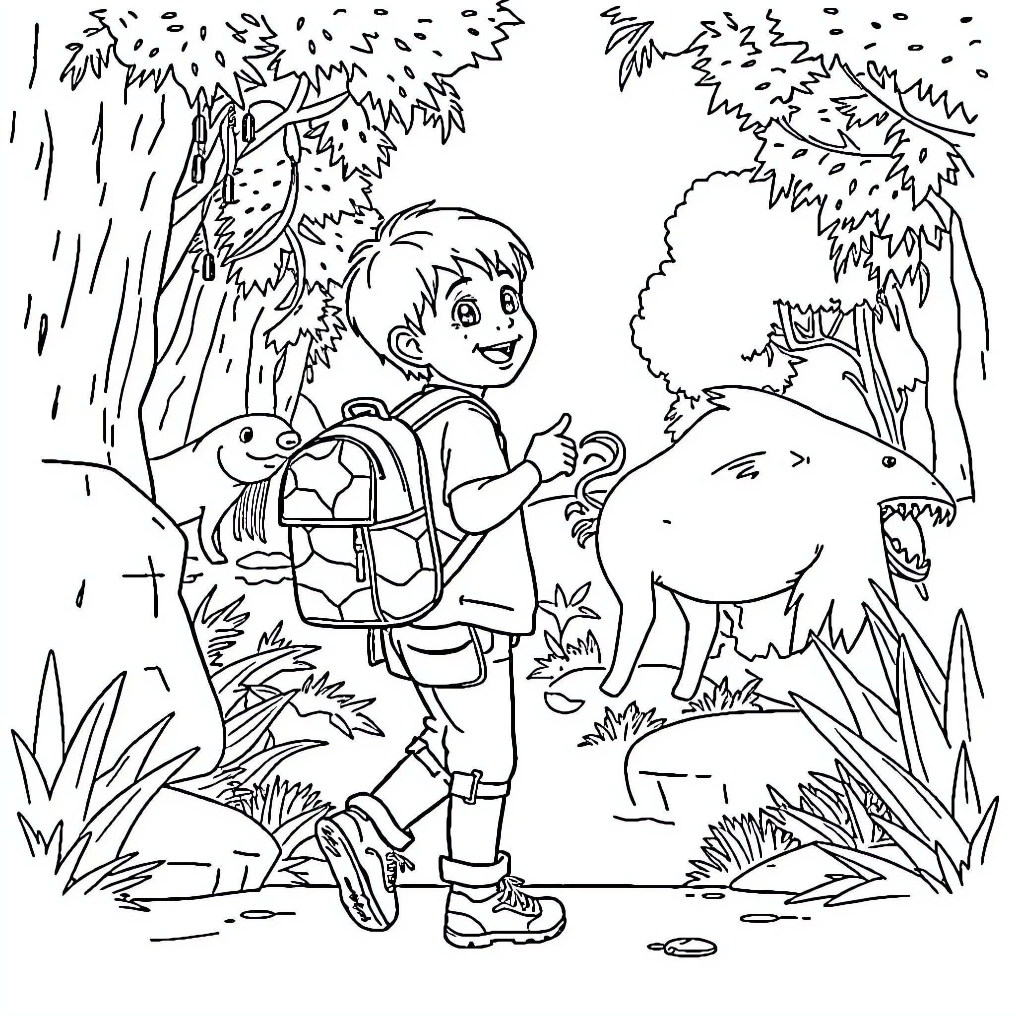 Child exploring nature with pet dog in the forest Coloring Page (free black-and-white line drawing printable PDF for all, from beginners to advanced learners, including children, teens, adults, and seniors)