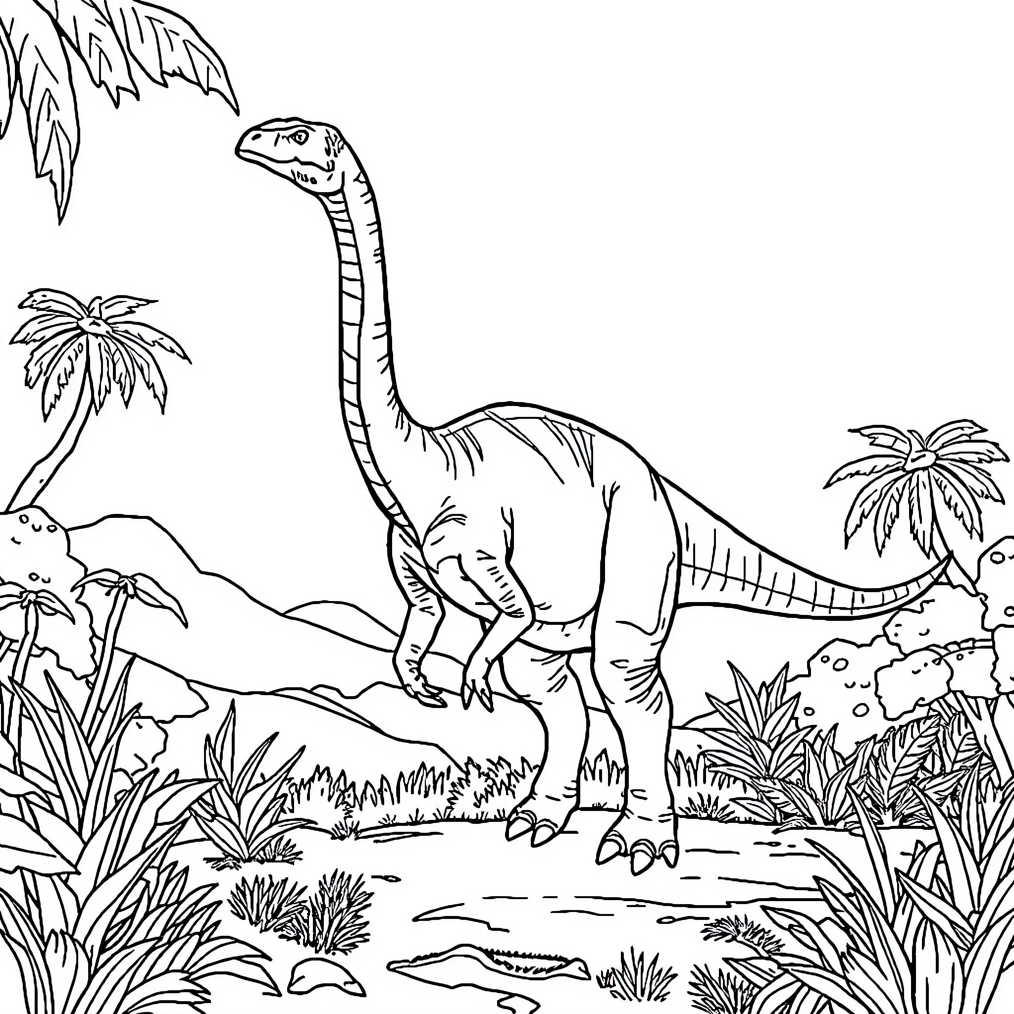 Aardonyx dinosaur in prehistoric landscape Coloring Page (free black-and-white line drawing printable PDF for all, from beginners to advanced learners, including children, teens, adults, and seniors)