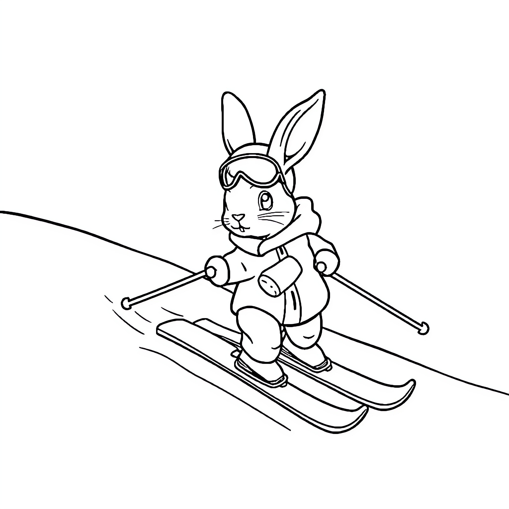 Rabbit skiing down a snowy slope Coloring Page (free black-and-white line drawing printable PDF for all, from beginners to advanced learners, including children, teens, adults, and seniors)