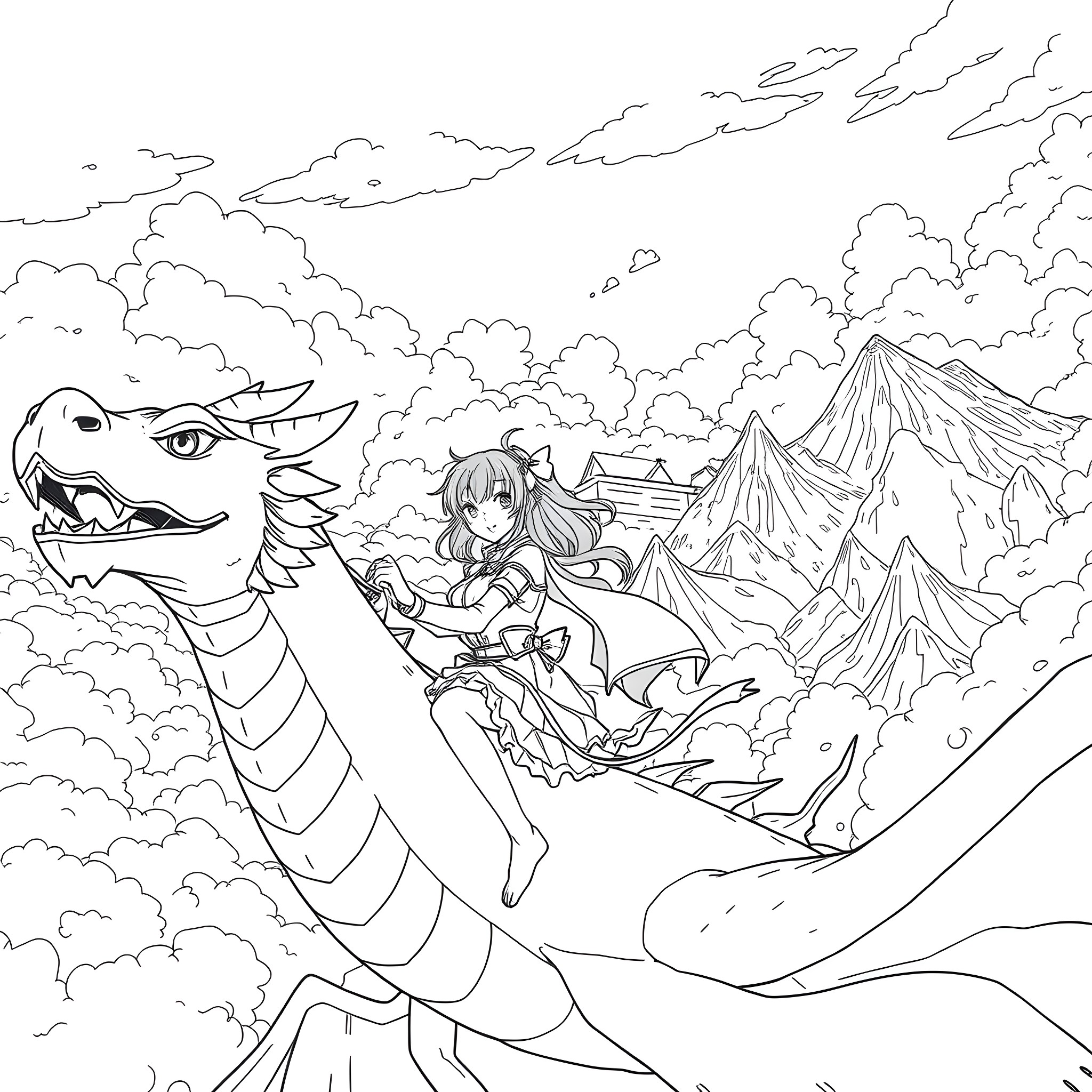 Anime Girl Riding a Fantasy Dragon Over Snowy Mountains Coloring Page (free black-and-white line drawing printable PDF for all, from beginners to advanced learners, including children, teens, adults, and seniors)