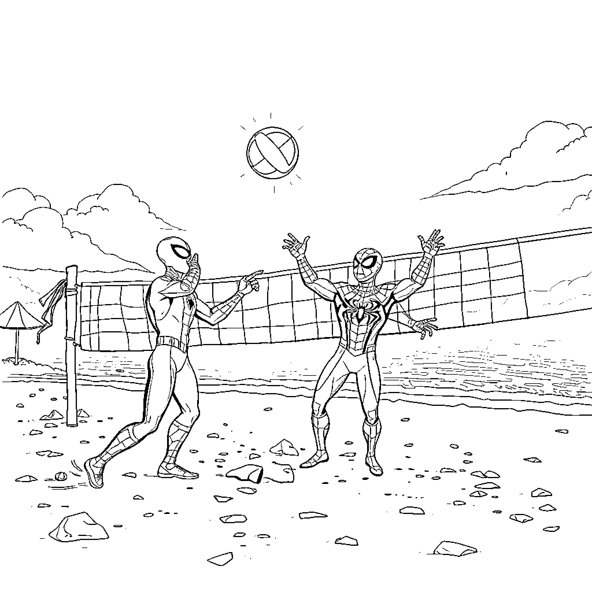 Spider-Man playing volleyball on the beach Coloring Page (free black-and-white line drawing printable PDF for all, from beginners to advanced learners, including children, teens, adults, and seniors)