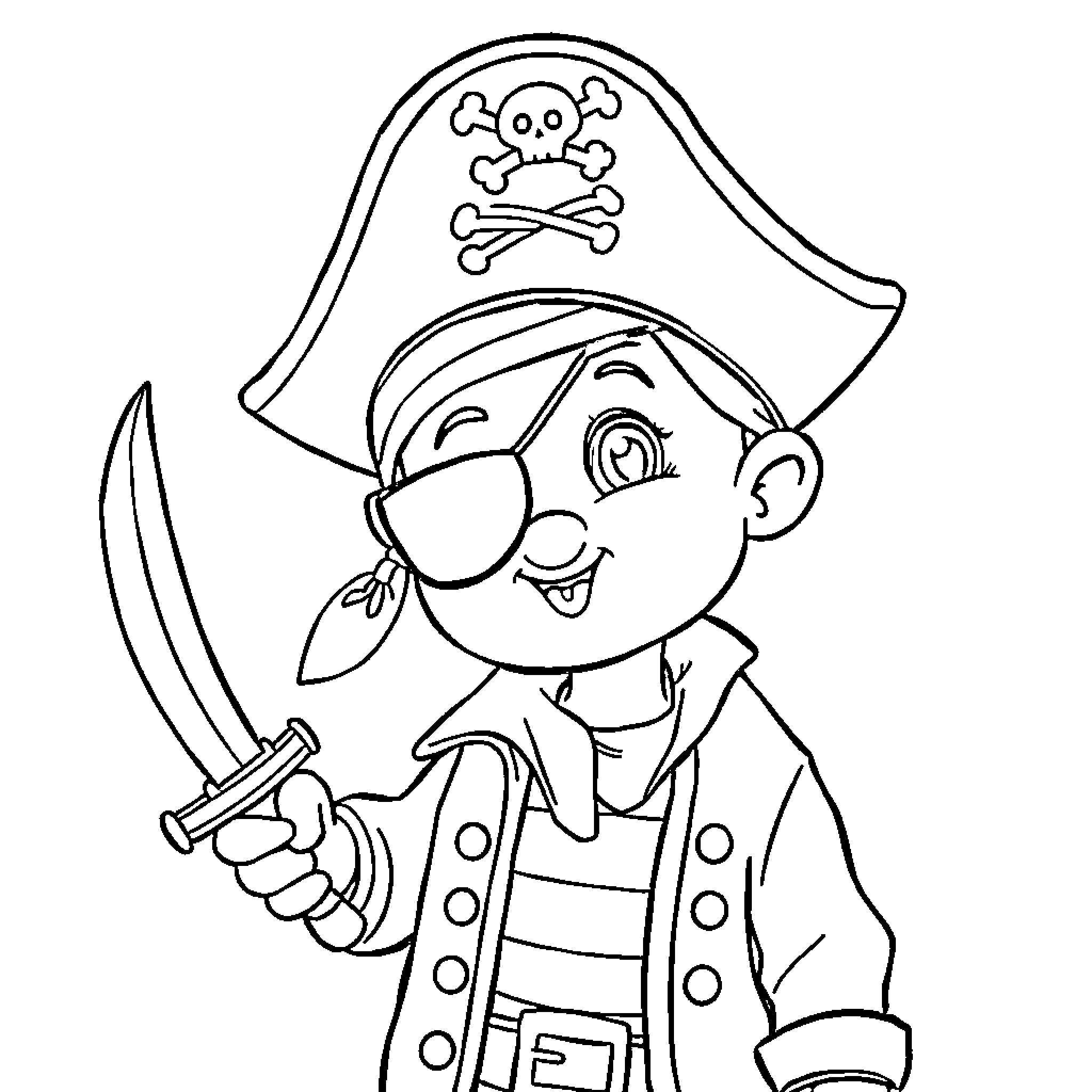 Baby Pirate Holding Sword and Wearing Hat with Skull Coloring Page (free black-and-white line drawing printable PDF for all, from beginners to advanced learners, including children, teens, adults, and seniors)