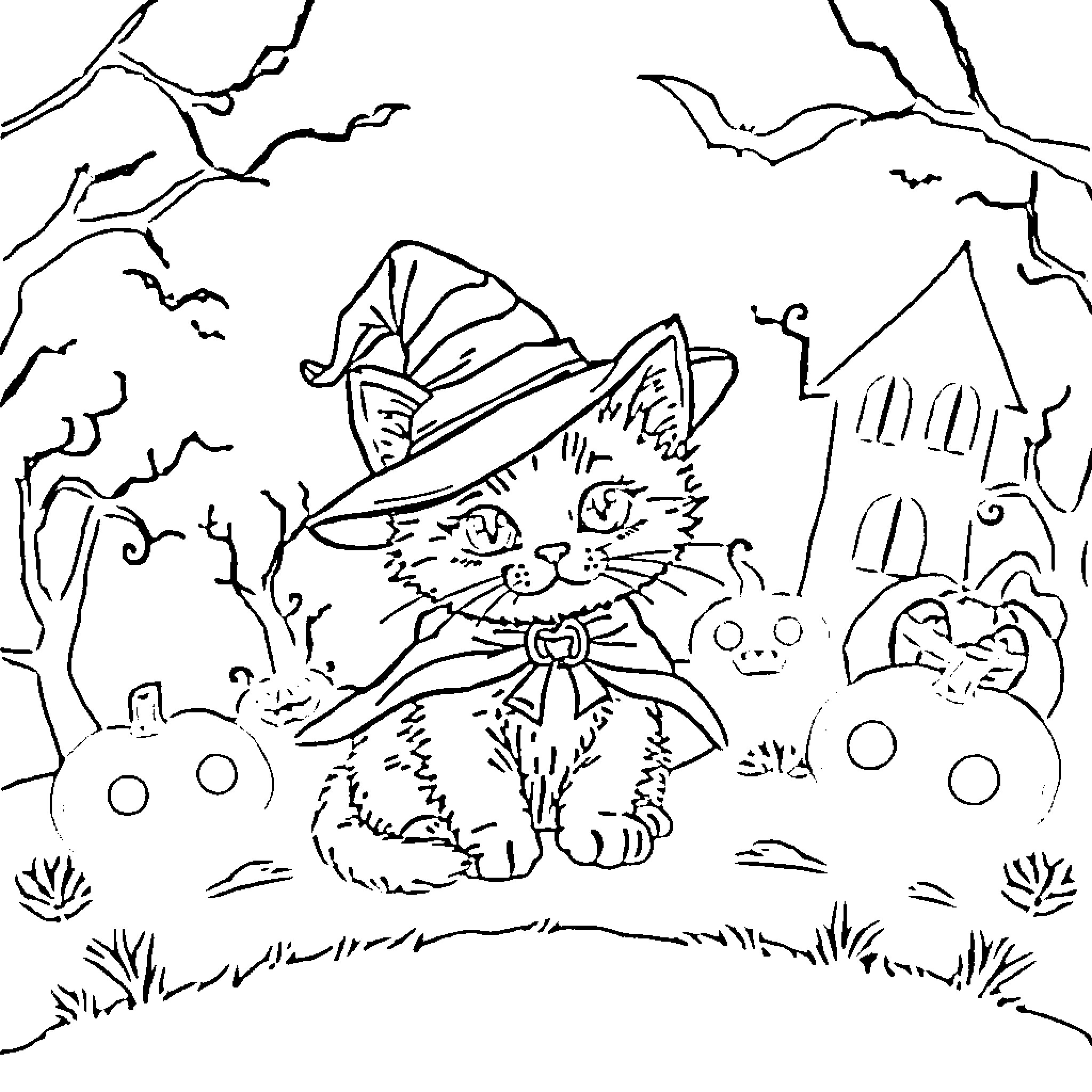 Kitten in Halloween costume exploring spooky scene Coloring Page (free black-and-white line drawing printable PDF for all, from beginners to advanced learners, including children, teens, adults, and seniors)