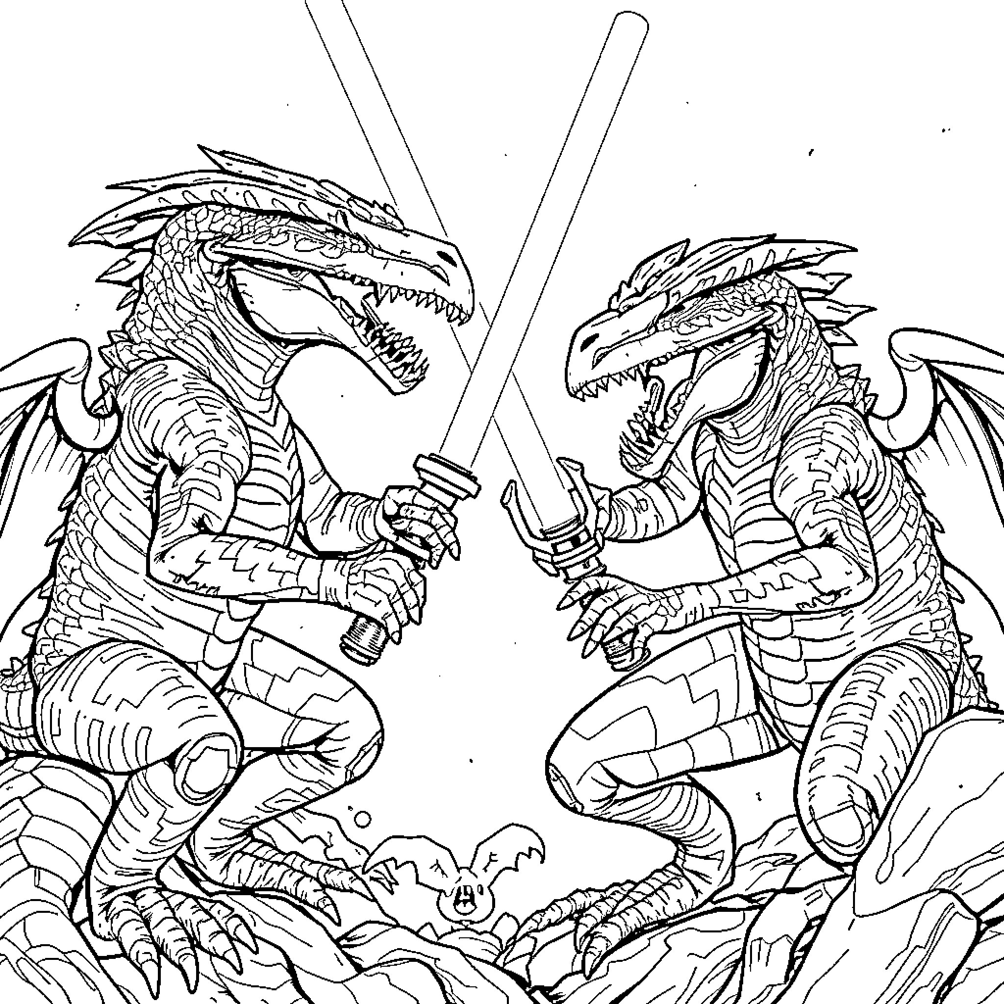 Raptor Warriors Engaged in Fierce Combat Coloring Page (free black-and-white line drawing printable PDF for all, from beginners to advanced learners, including children, teens, adults, and seniors)