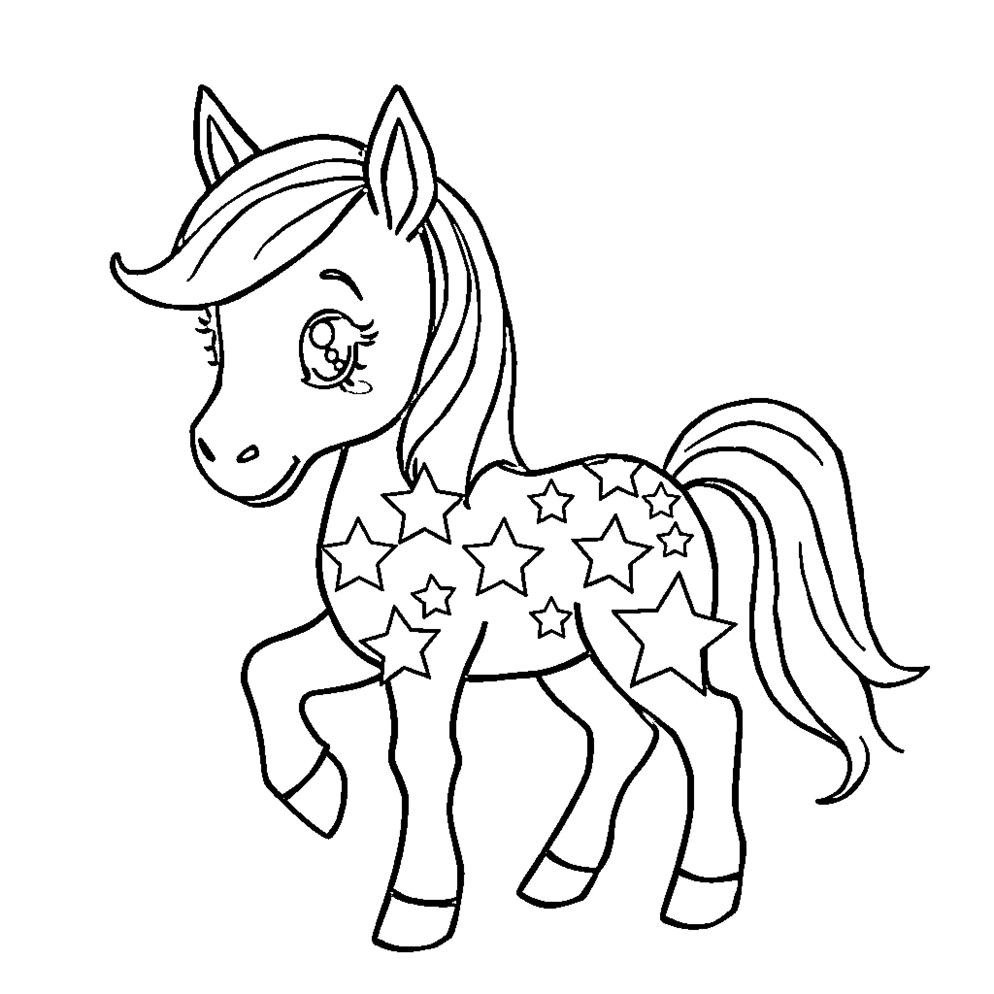 Pony with star-patterned outfit prancing happily Coloring Page (free black-and-white line drawing printable PDF for all, from beginners to advanced learners, including children, teens, adults, and seniors)