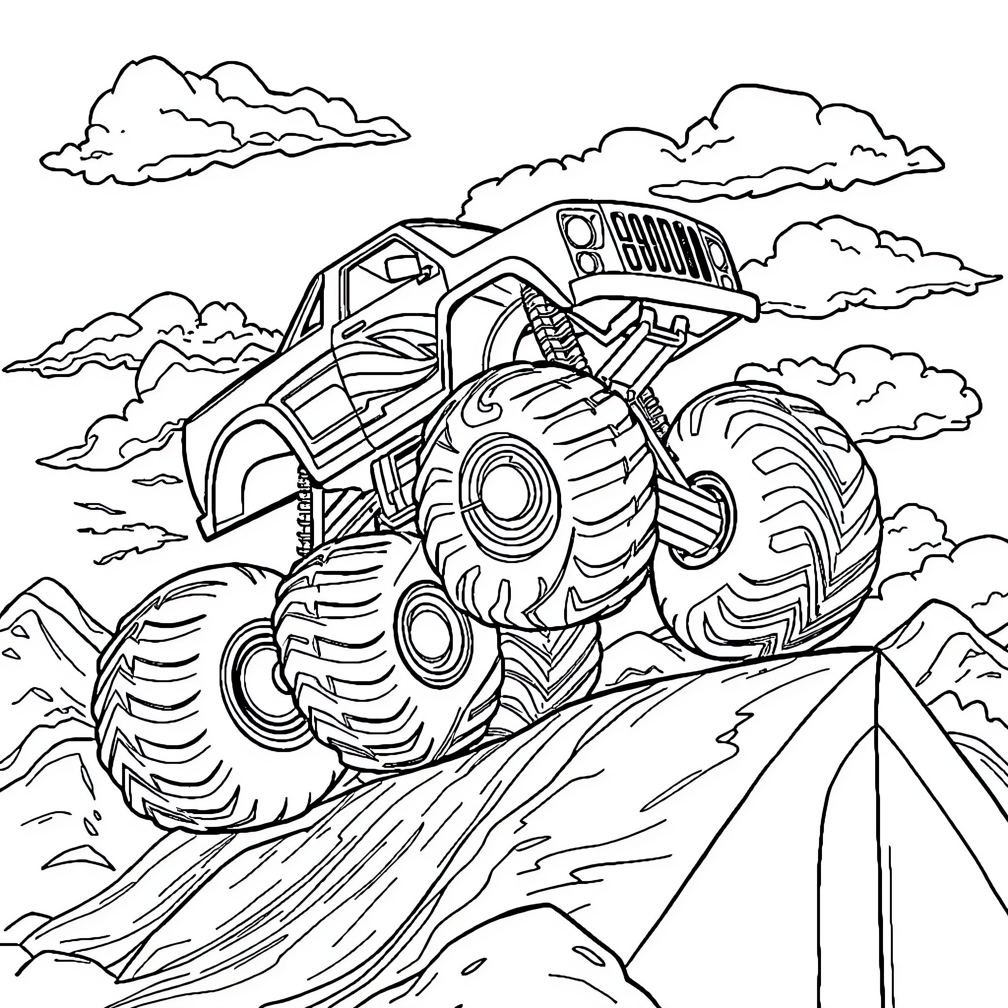 Monster Truck Tackling Rocky Terrain Coloring Page (free black-and-white line drawing printable PDF for all, from beginners to advanced learners, including children, teens, adults, and seniors)