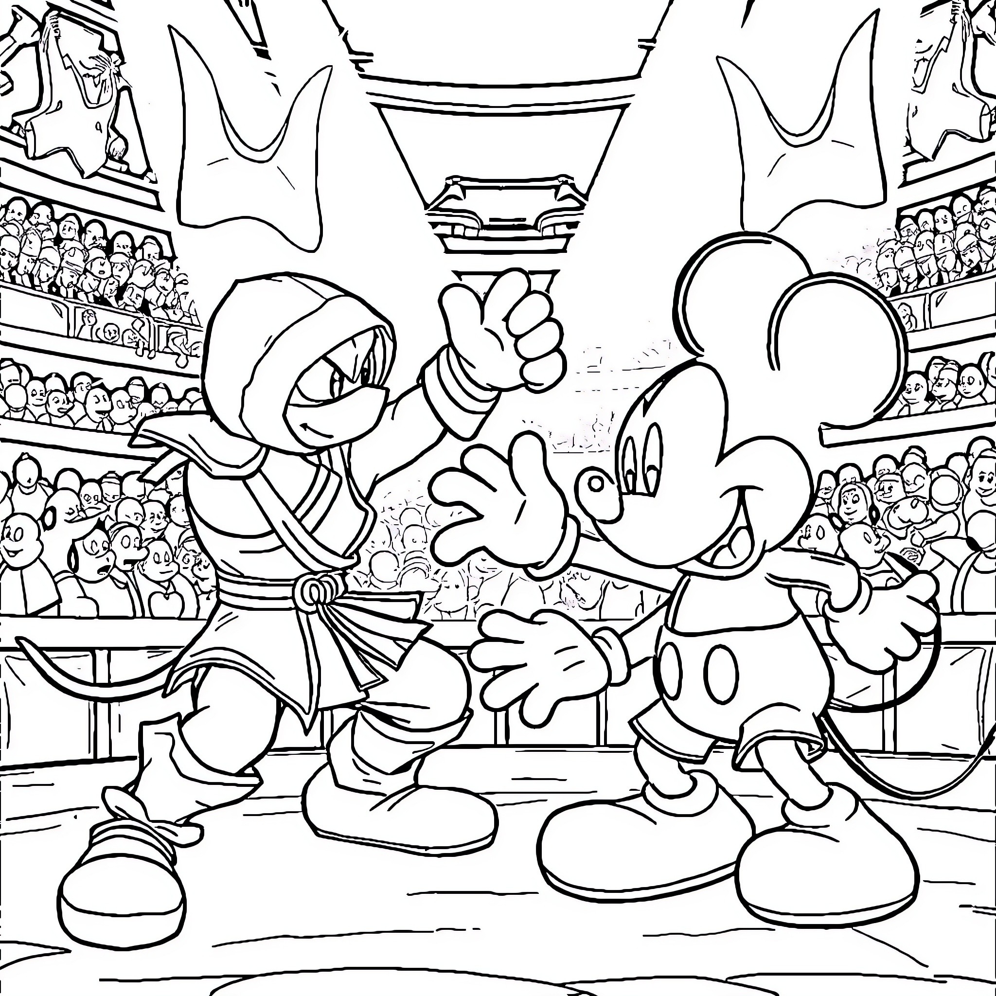 Sub Zero Battle between Cartoon Characters in Stadium Coloring Page (free black-and-white line drawing printable PDF for all, from beginners to advanced learners, including children, teens, adults, and seniors)