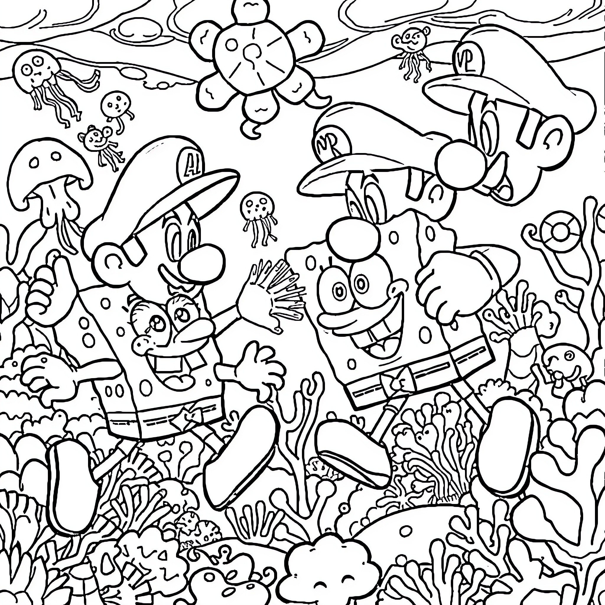 Mario's Whimsical Underwater Adventure Coloring Page (free black-and-white line drawing printable PDF for all, from beginners to advanced learners, including children, teens, adults, and seniors)