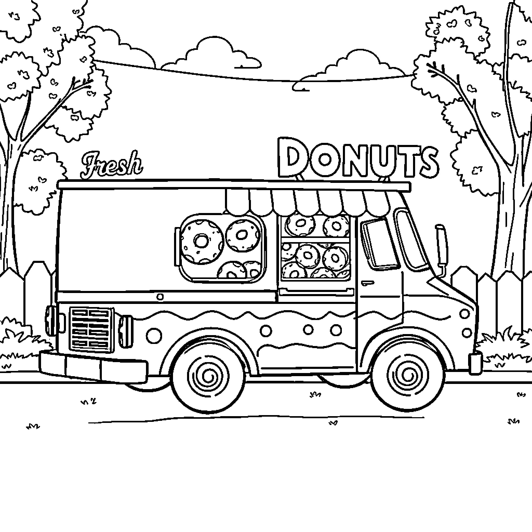 Donut Truck Selling Fresh Donuts on the Road Coloring Page (free black-and-white line drawing printable PDF for all, from beginners to advanced learners, including children, teens, adults, and seniors)