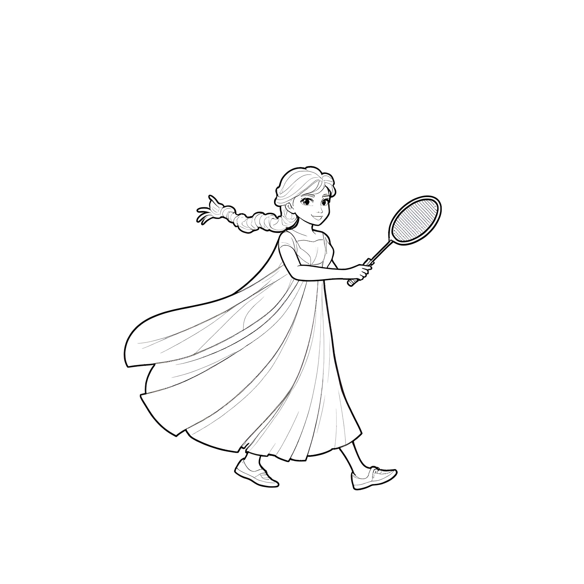 Princess Elsa gracefully playing tennis in her elegant dress Coloring Page (free black-and-white line drawing printable PDF for all, from beginners to advanced learners, including children, teens, adults, and seniors)