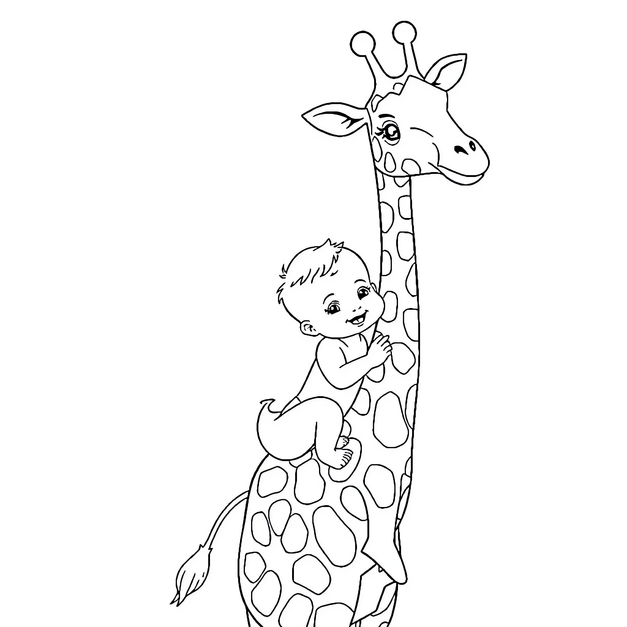 Twin Boys Playfully Interact with Friendly Giraffe Coloring Page (free black-and-white line drawing printable PDF for all, from beginners to advanced learners, including children, teens, adults, and seniors)