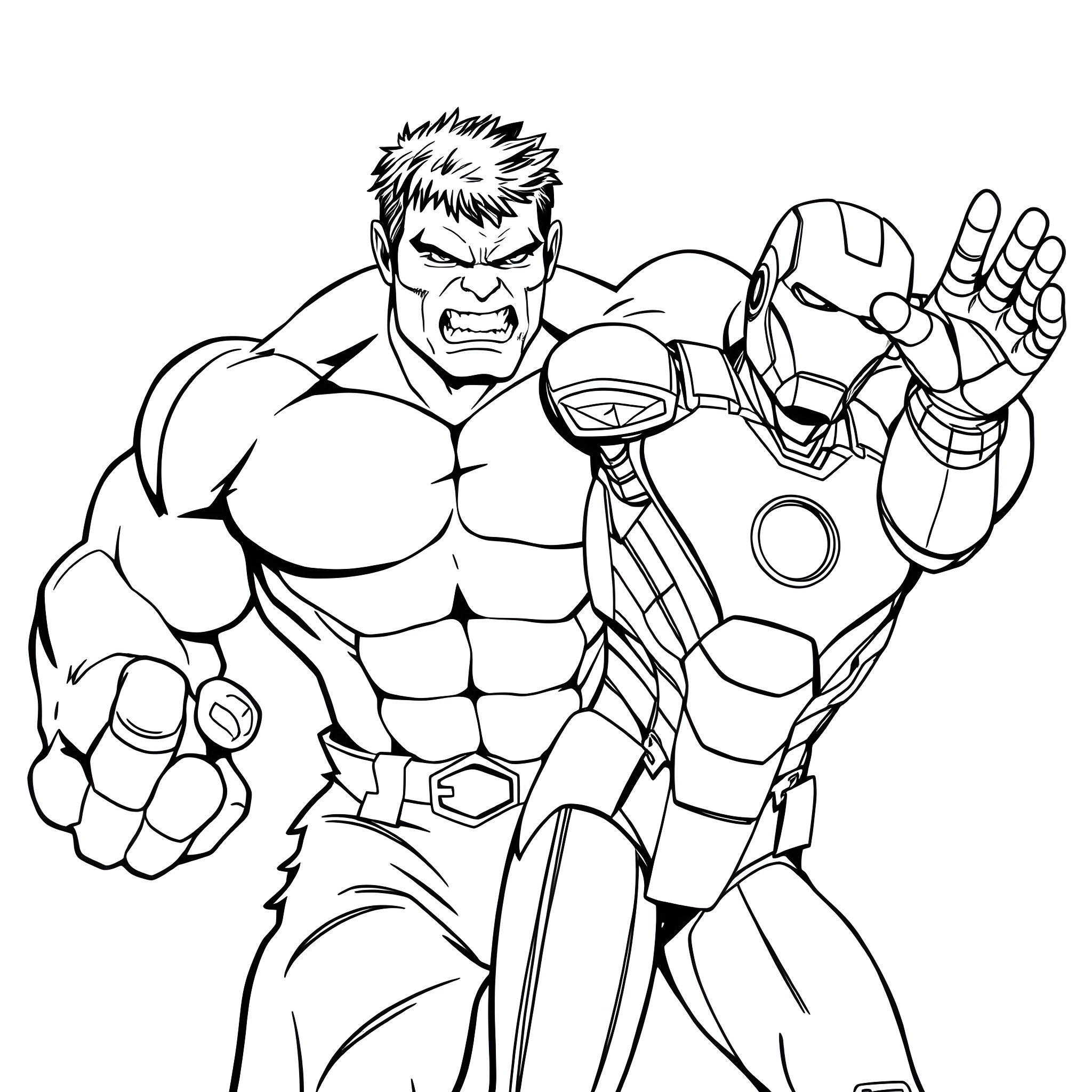 Hulk and Iron Man in an intense battle Coloring Page (free black-and-white line drawing printable PDF for all, from beginners to advanced learners, including children, teens, adults, and seniors)