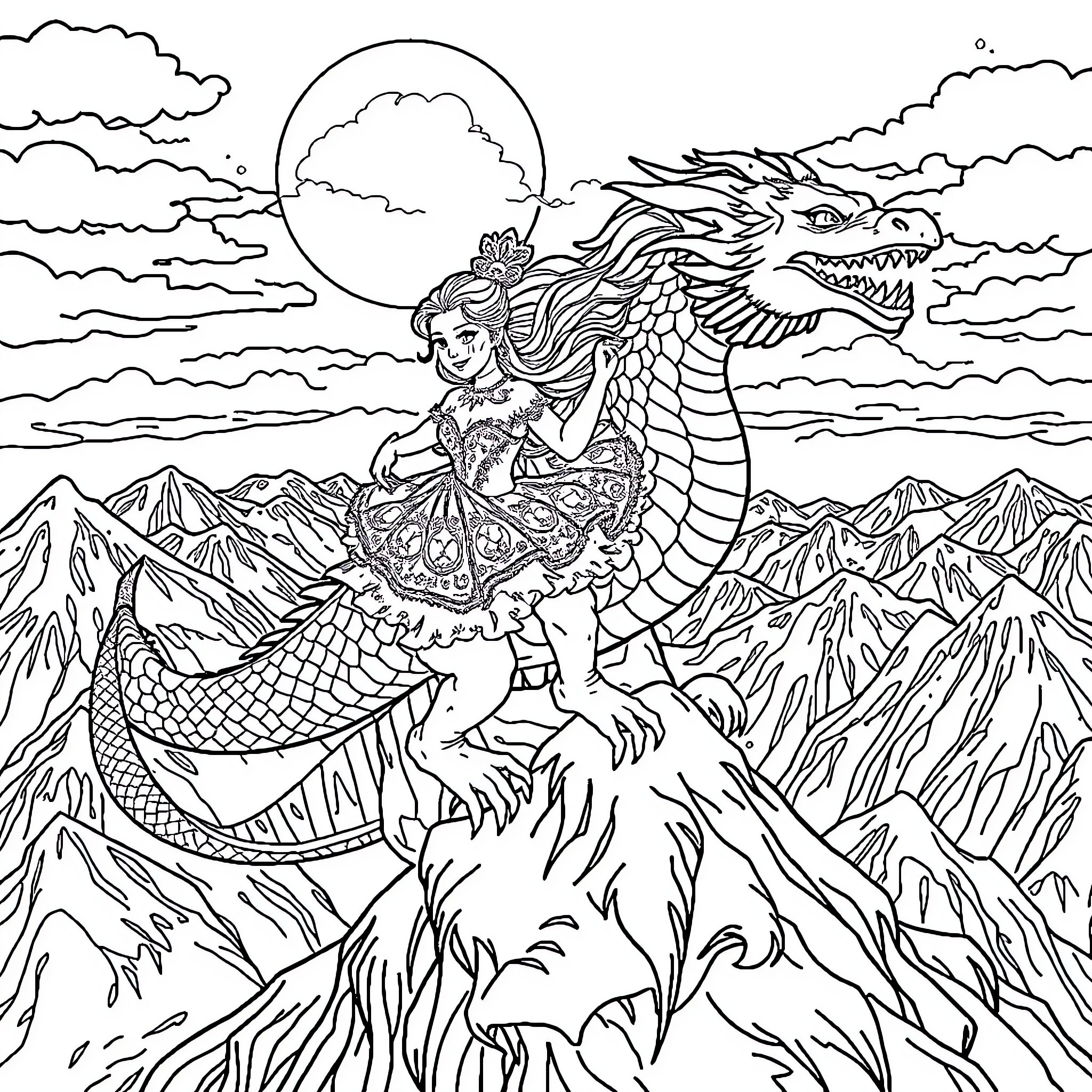 Princess riding a majestic dragon in a mystical landscape Coloring Page (free black-and-white line drawing printable PDF for all, from beginners to advanced learners, including children, teens, adults, and seniors)