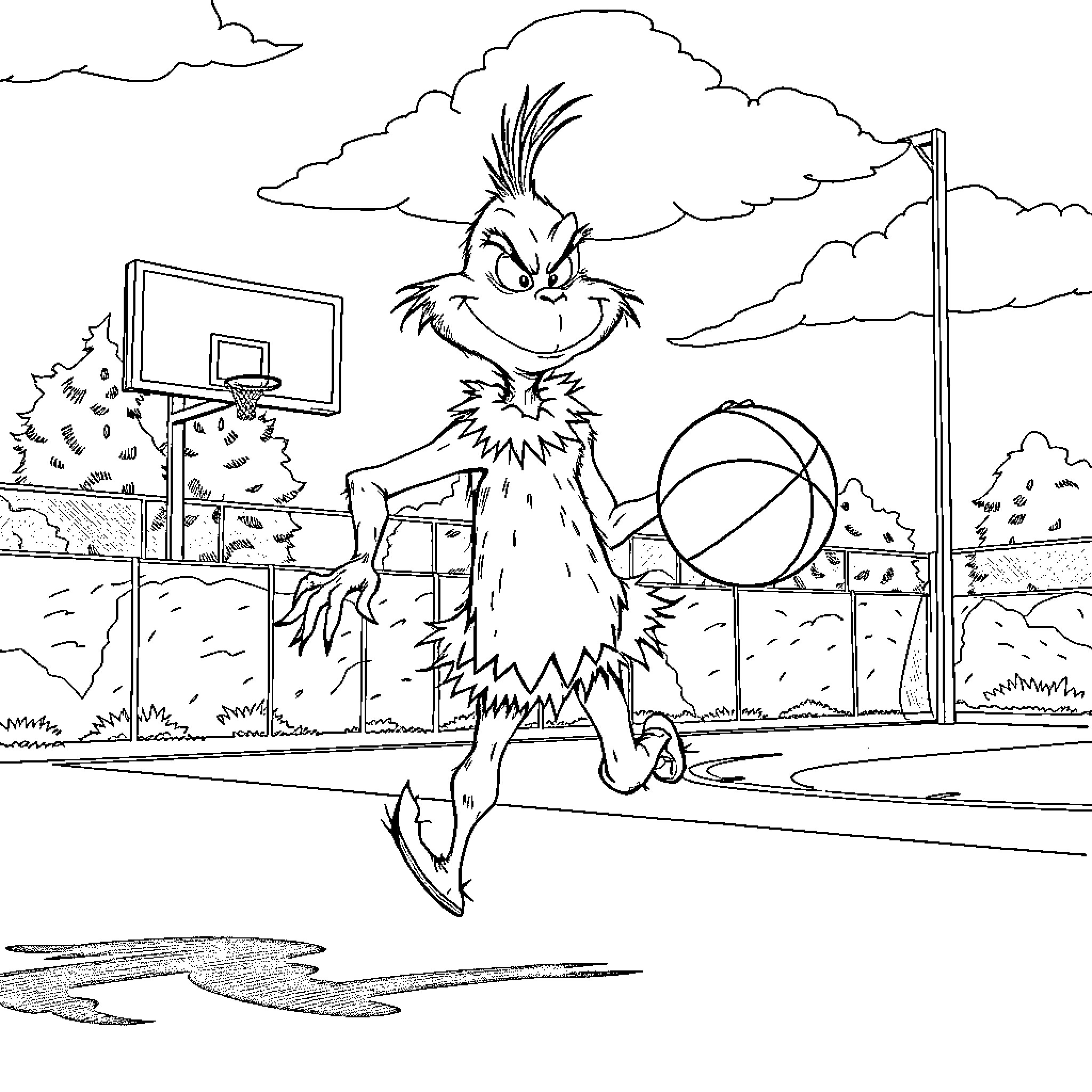 Grinch playing basketball on the court Coloring Page (free black-and-white line drawing printable PDF for all, from beginners to advanced learners, including children, teens, adults, and seniors)
