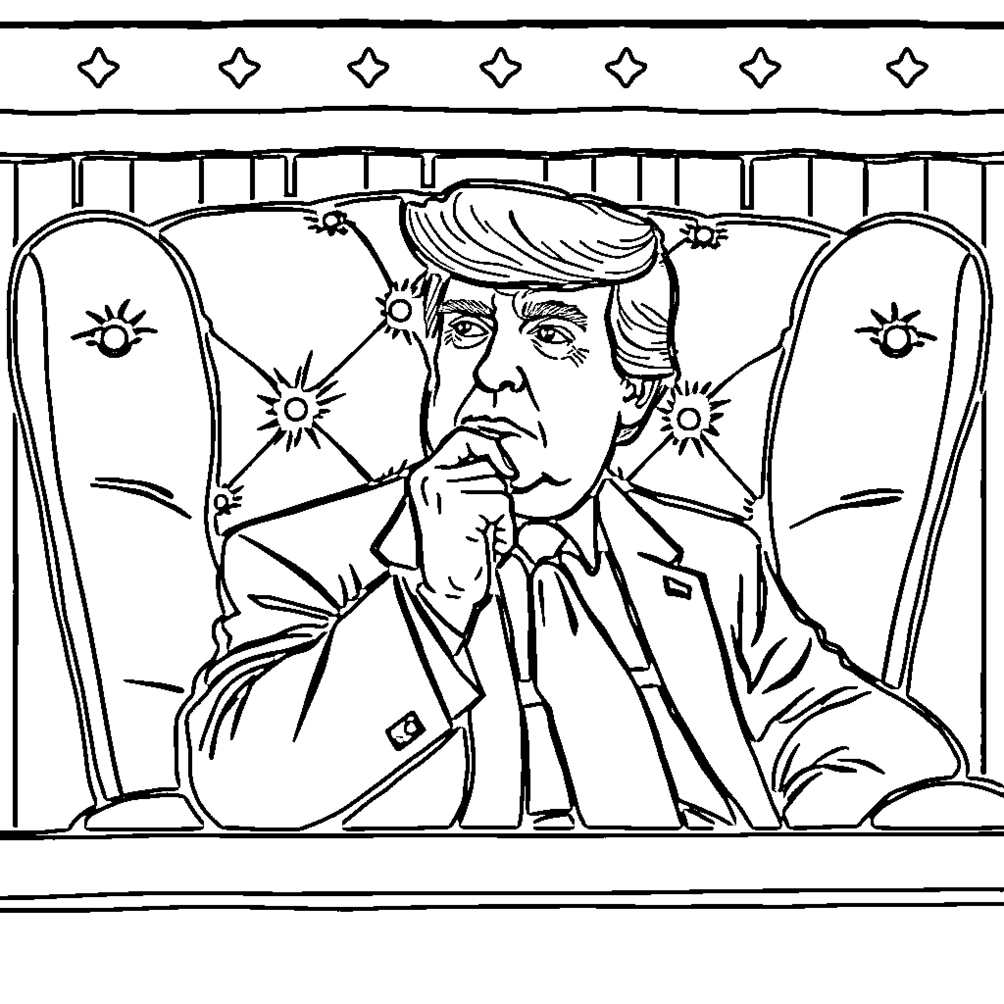 Donald Trump in Contemplative Pose Coloring Page (free black-and-white line drawing printable PDF for all, from beginners to advanced learners, including children, teens, adults, and seniors)