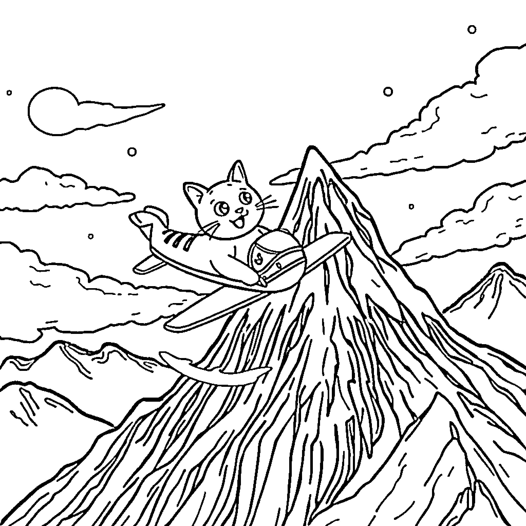 Cat flying over mountain peaks Coloring Page (free black-and-white line drawing printable PDF for all, from beginners to advanced learners, including children, teens, adults, and seniors)